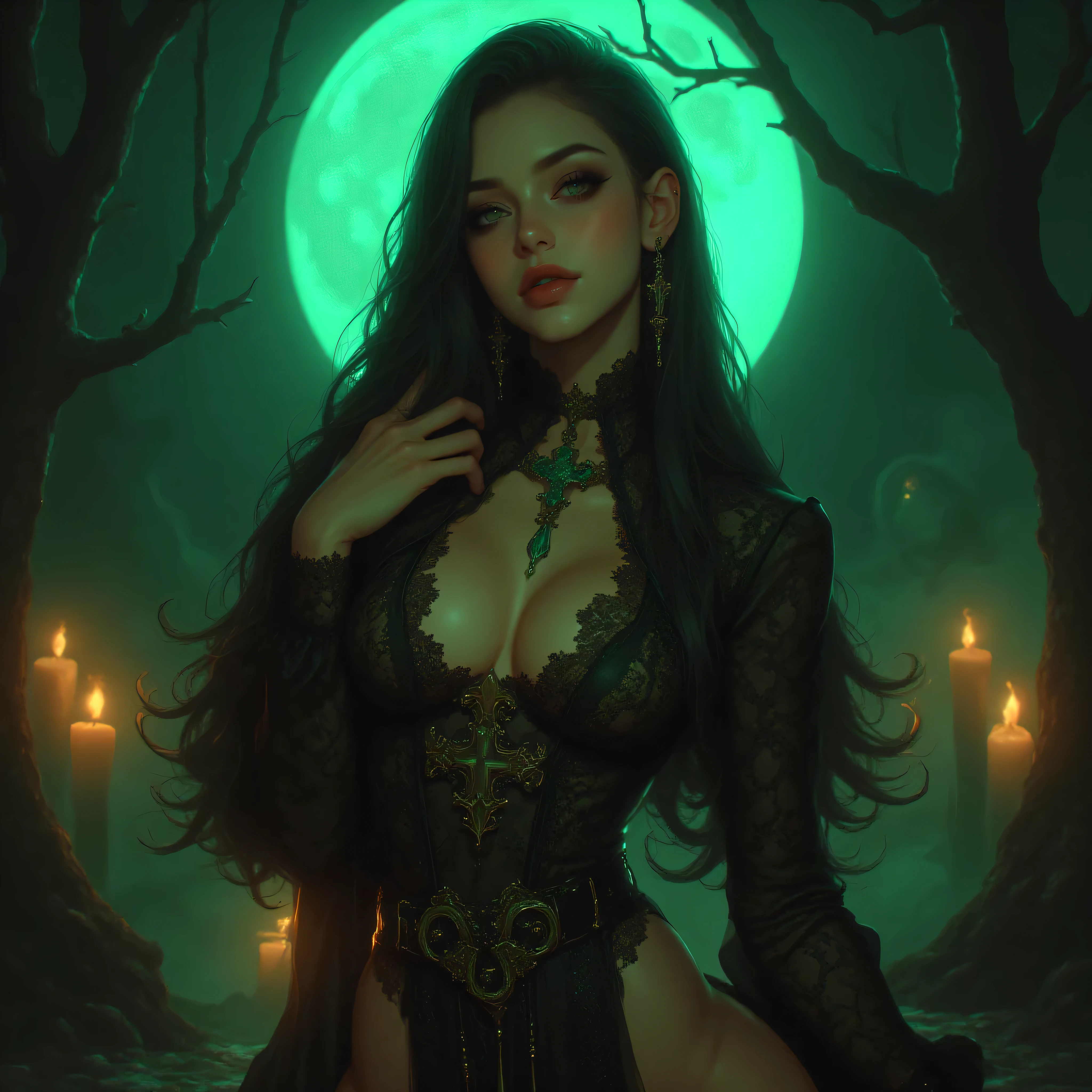 alluring, one hand resting gracefully on her hip, the other softly lifted, showing delicate, perfectly shaped fingers and elegant hand posture.
Her emerald green eyes are bright, sharp, and full of mystery — realistic, symmetrical, and expressive under the soft glow of the full moon. Her enchanting smile reveals perfect white teeth. The scene is surrounded by flickering candles, subtle mist, and twisted tree silhouettes, creating a magical, cinematic atmosphere with high detail and dramatic lighting.
ultra-realistic, photorealistic, cinematic lighting, high-resolution, detailed skin texture, perfect anatomy, elegant composition, gothic fantasy style, realistic eyes and hands, fine lace details, sharp focus, masterpiece, 8K quality.
Negative prompt (blurry eyes, deformed eyes, asymmetrical eyes, extra eyes, wrong eye color, missing pupils, distorted pupils, low detail eyes, poor hand anatomy, extra fingers, missing fingers, fused fingers, deformed hands, wrong hand position, blurry hands, low quality hands, unnatural finger pose, distorted body, broken limbs, unrealistic proportions, duplicate body parts, bad anatomy, low contrast, pixelated, noise, watermark, text, logo, signature, cropped body, cartoonish, bad lighting, oversaturated, low detail, out of focus)