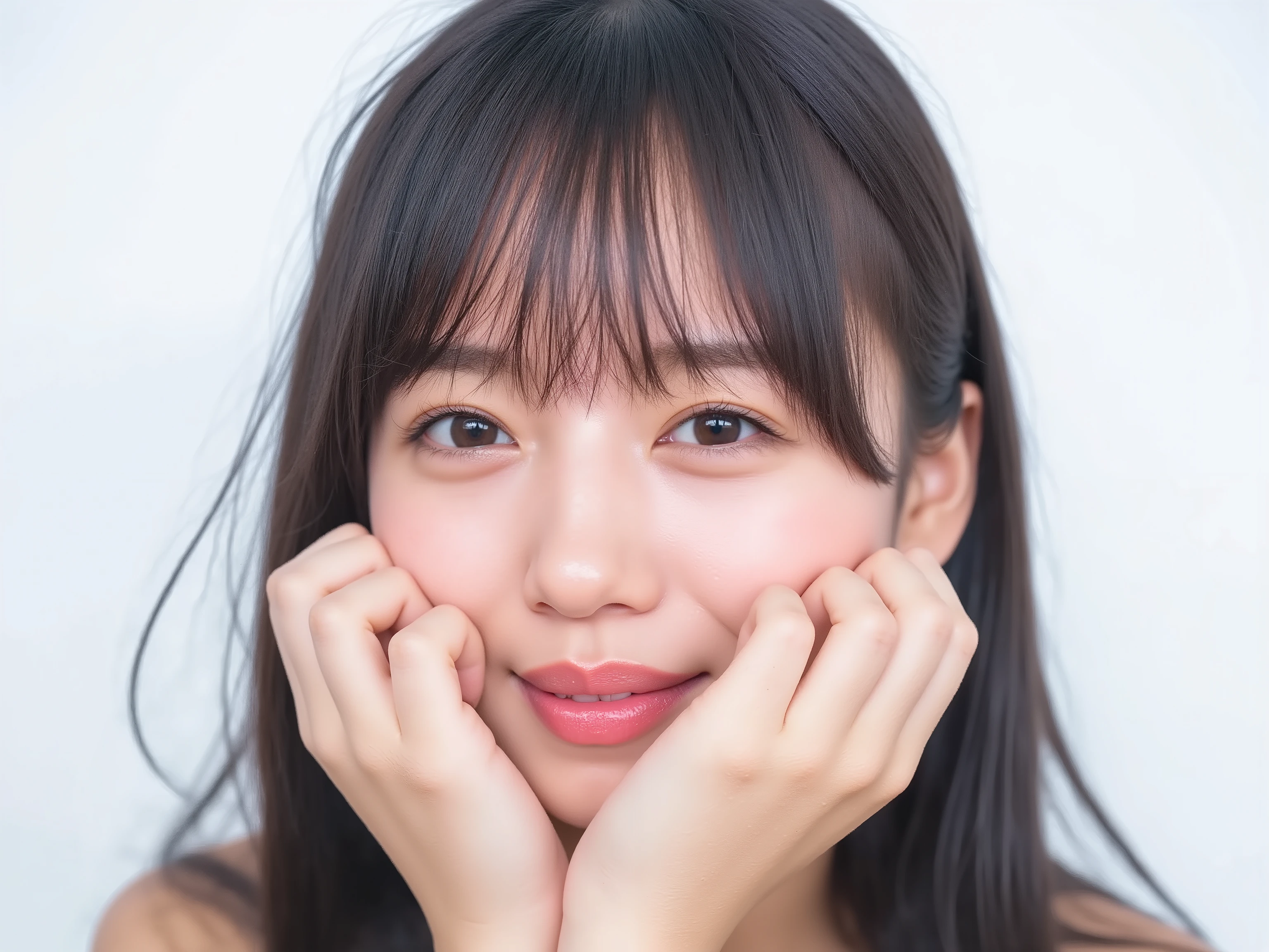 (Refined from an old photo, recreated in a modern, ultra high-quality photorealistic style, with a trendy Reiwa-era hairstyle: soft semi-long hair with natural waves and airy see-through bangs),
Ultra photorealistic close-up portrait of a beautiful Japanese woman,
upper-body shot, wearing a black outfit (completely out of frame, not visible),
shoulders and collarbone softly exposed,
both hands pressing her cheeks in a shy, lovestruck pose,
sparkling eyes gazing dreamily at the viewer with overwhelming affection,
cheeks blushing deeply with a sweet reddish glow,
soft glossy lips curved into a bright, full, lovestruck smile,
expression melting with love, playful, dreamy, adorably bashful,
purely cute and lovestruck, overflowing with affection and warmth,
realistic skin with detailed pores, subtle freckles, natural uneven tones,
tiny imperfections for realism, soft peach fuzz visible,
hair rendered with individual strands, slightly messy flow, natural matte shine,
soft diffused cinematic lighting, natural depth,
background pure white with gentle blur,
(masterpiece, best quality, high resolution, intimate romantic close-up, cinematic magazine cover style)
