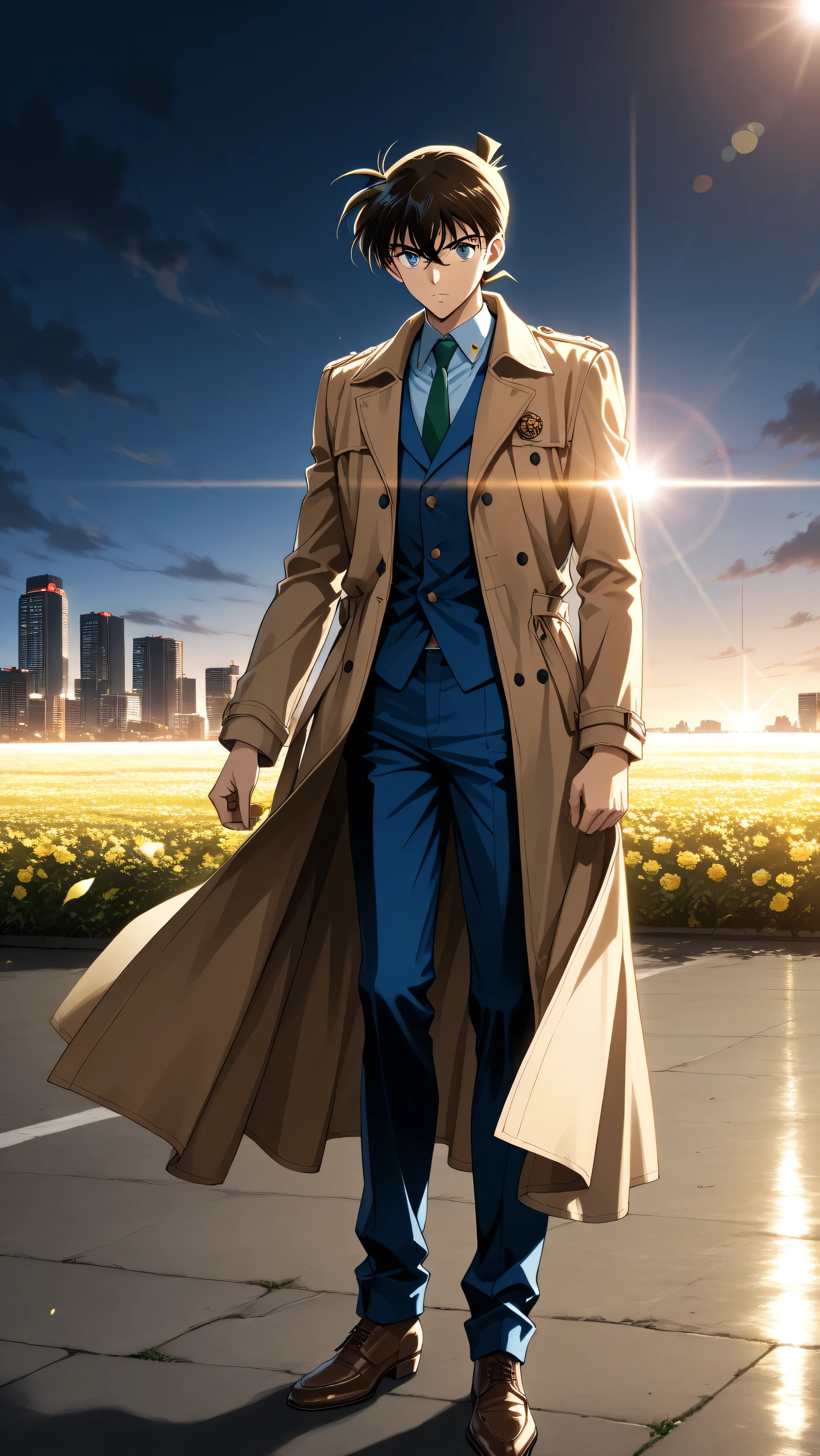 Anime, Detective Conan style, handsome, beautiful boy, masterpiece), super beautiful), (beautiful and detailed), (high quality CG), ((8k_wallpaper)), lens flare, high resolution, multiple awards, high quality model, high quality, posing in a detective-style trench coat