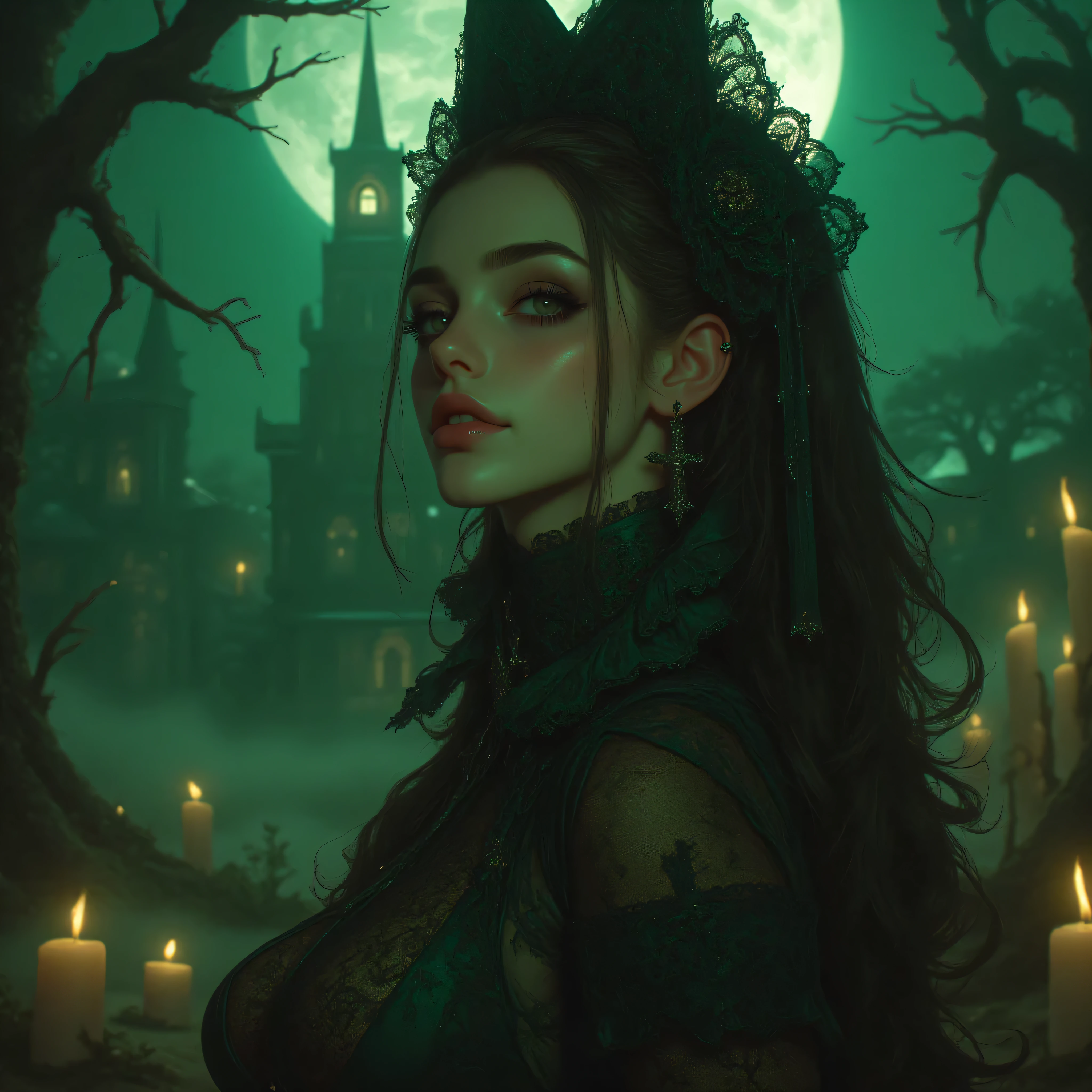 alluring, one hand resting gracefully on her hip, the other softly lifted, showing delicate, perfectly shaped fingers and elegant hand posture.

Her emerald green eyes are bright, sharp, and full of mystery — realistic, symmetrical, and expressive under the soft glow of the full moon. Her enchanting smile reveals perfect white teeth. The scene is surrounded by flickering candles, subtle mist, and twisted tree silhouettes, creating a magical, cinematic atmosphere with high detail and dramatic lighting.

ultra-realistic, photorealistic, cinematic lighting, high-resolution, detailed skin texture, perfect anatomy, elegant composition, gothic fantasy style, realistic eyes and hands, fine lace details, sharp focus, masterpiece, 8K quality.

 Negative prompt (blurry eyes, deformed eyes, asymmetrical eyes, extra eyes, wrong eye color, missing pupils, distorted pupils, low detail eyes, poor hand anatomy, extra fingers, missing fingers, fused fingers, deformed hands, wrong hand position, blurry hands, low quality hands, unnatural finger pose, distorted body, broken limbs, unrealistic proportions, duplicate body parts, bad anatomy, low contrast, pixelated, noise, watermark, text, logo, signature, cropped body, cartoonish, bad lighting, oversaturated, low detail, out of focus)