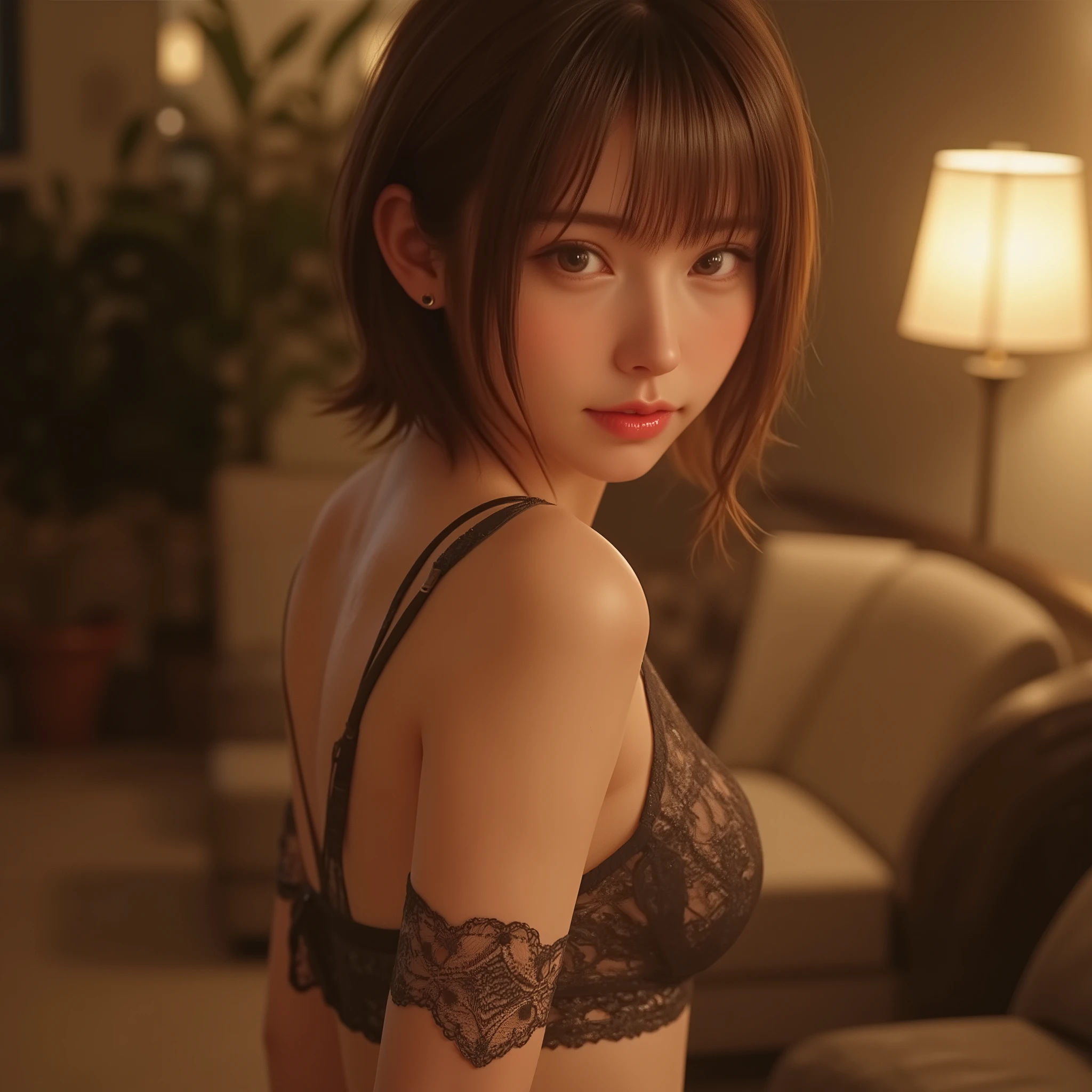 dimly lit room lace underwear shorthair living room shorts bra