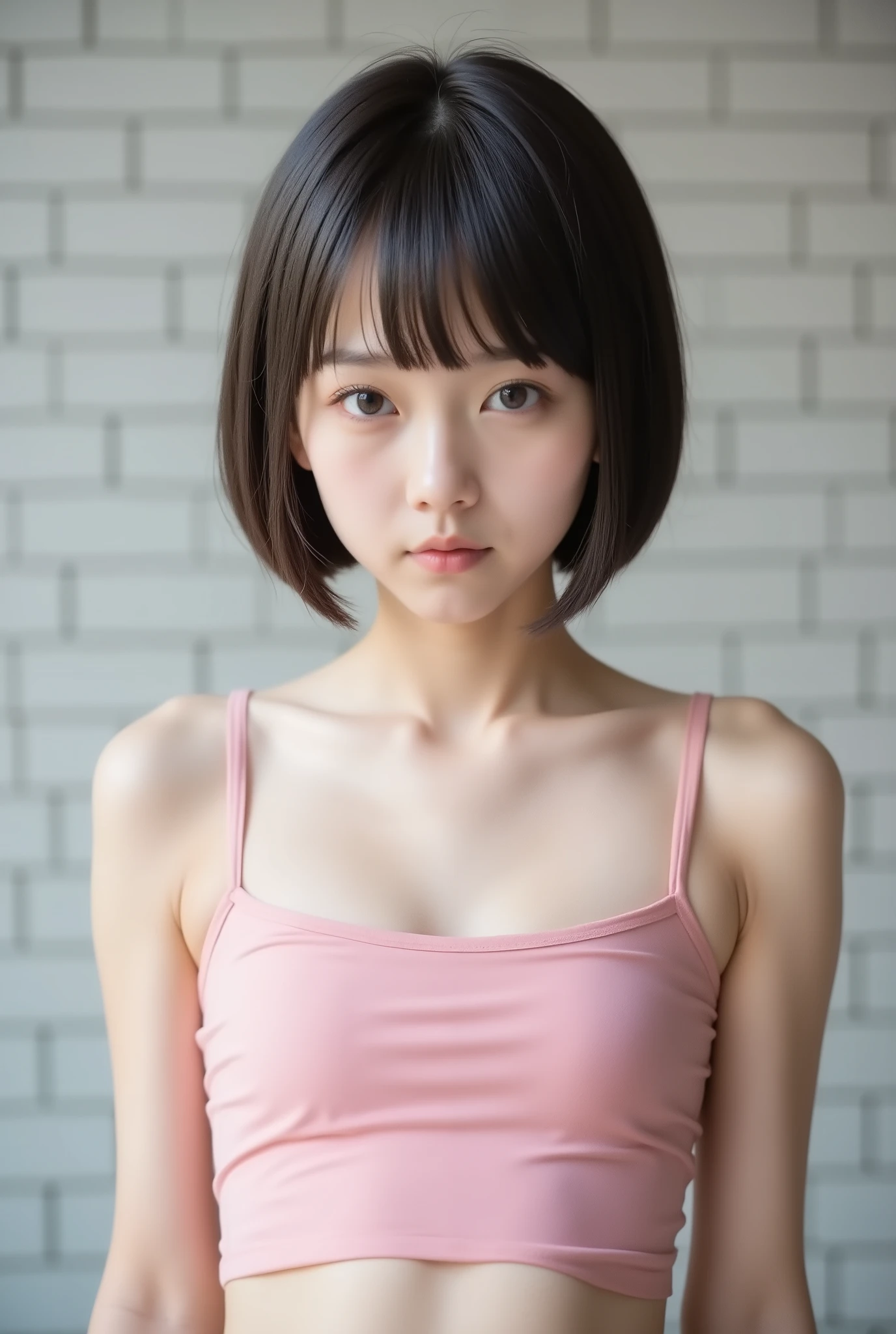 NSFW, scream, score_9, score_8_up, score_7_up, 8K, ultra-realistic, highly detailed, photo-like, studio photography portrait. Perfect lighting, soft shadows, lifelike skin texture, shallow depth of field.
A very skinny and very short Japanese high school girl. Short brown hair. Brown eyes. (((No makeup))). (((Wearing a pink camisole))). (((standing))). The background is a light-colored brick wall. ((cleavage))

