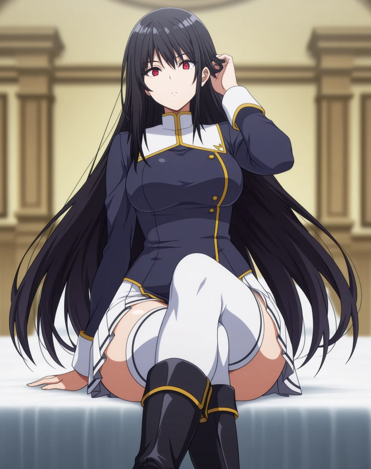 sysdeep_kuroko, 1girl, solo, long_hair, , smile, large_breasts, black_hair, very_long_hair, brown_eyes, black_dress, stockings, sitting, throne, crossed_legs, from_below