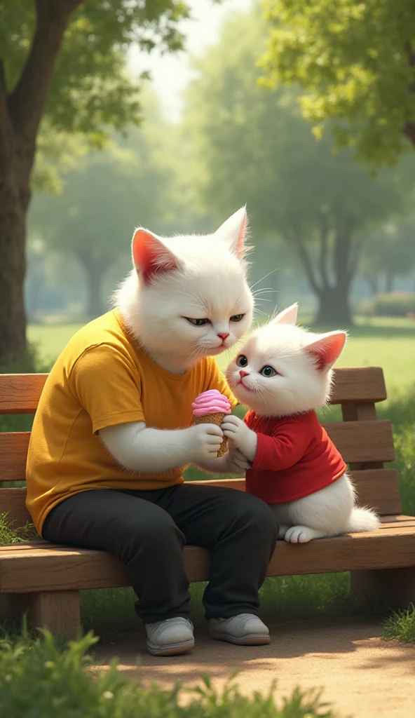 **Scene Prompt:**
A **highly realistic cinematic scene** set in a **clean, peaceful park** filled with **soft daylight and greenery**. On a **wooden bench (sofa-style seat)**, a **white father cat** wearing a **yellow shirt and black pants** is sitting beside his **white kitten** who is wearing a **red shirt and black pants**.

The **kitten is eating ice cream**, enjoying the moment, when **suddenly he starts feeling dizzy and begins to faint**. The **father cat’s expression instantly changes to worry** — he quickly **leans forward, gently holding and supporting the kitten**, trying to **keep him steady**. The **father cat’s eyes are full of concern**, and his posture shows **protective care**.

The **background remains soft, clean, and realistic**, with **green trees, gentle sunlight, and a calm park environment**, making the emotional moment between father and child feel **deeply touching and lifelike**.
