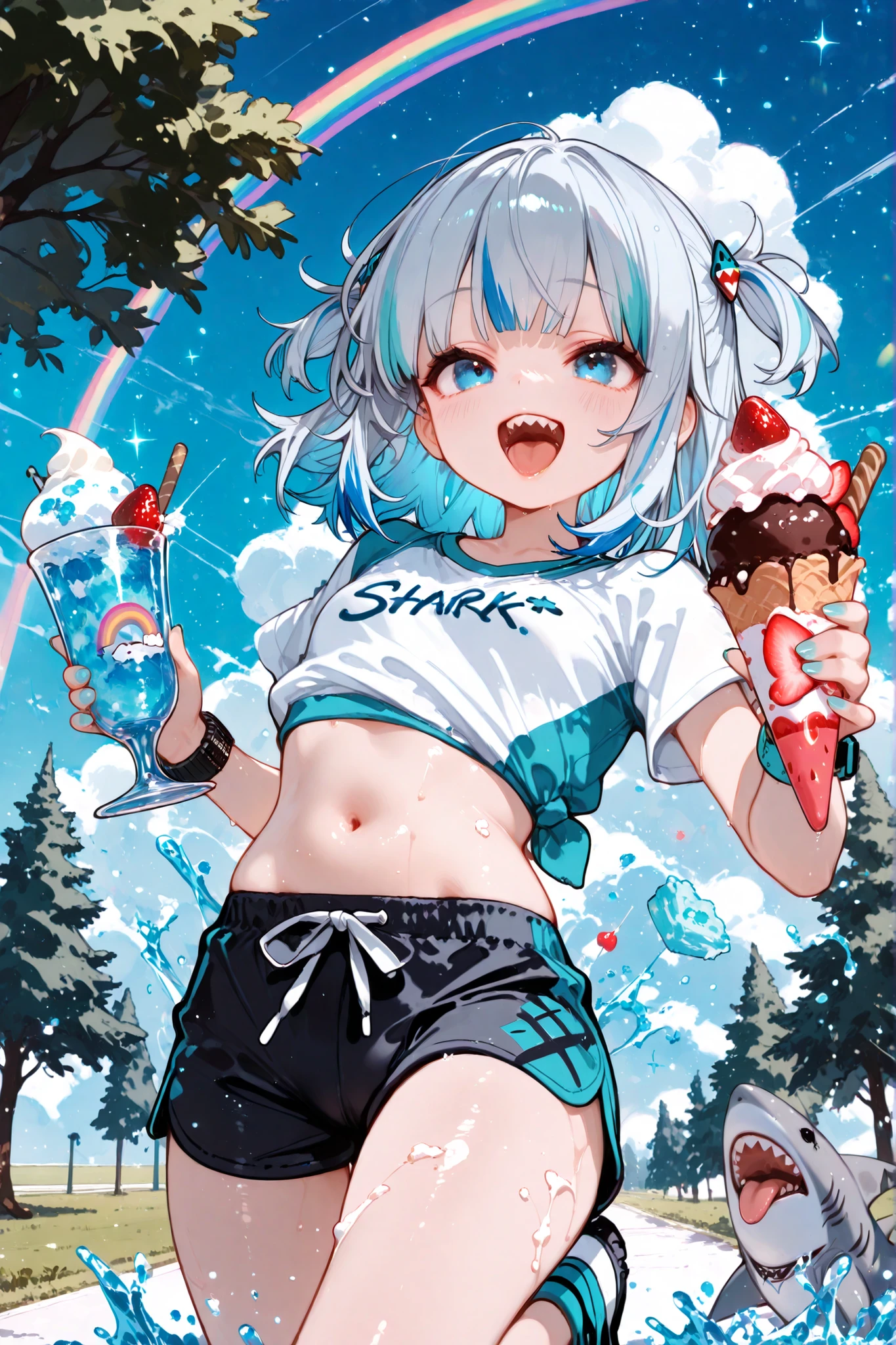 (masterpiece, top quality、"Watch out for sharks!!"Text 2.0), Delicate Details,1girl, defeat Titan、cute,すごくcute、amazing、 blue hair, gray hair, medium hair in a narrow vagina, multicolor hair, shark, two side up, teeth, Blue Claws, Food, SHORT SLEEVE, blue eyes, white neck , Deep Blue , shark Foodie, Open Mouth, (:O), Road, White Clouds , Kyplanet ,Blue Sky, glass, tree, Flower, floating,jogging、runner、dynamic、Wear Green Wind、FEELING FAST、 Skip、Shark Motif Clothes、 Wind swaying hem 、dynamic、FEELING FAST、black shorts、belly button out、Wave your arms、smile 、dogs are chasing you、hydration、 Splashing ice cream, sweets, sparkle, rainbow, light particles, cake, strawberry, fruit,
Smile Yan、licking ice cream、たくさんのsweets、open your mouth、sparkling