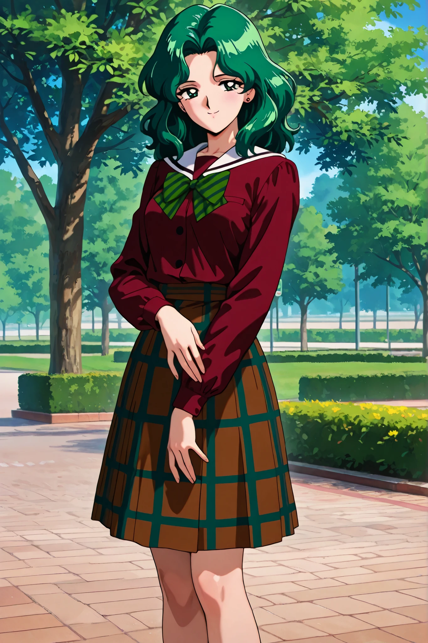 masterpiece, amazing quality, best quality, ultra-detailed, 8K, illustration, clear skin, ultra-detailed-eyes, soft skin, very awa, very as2, soft body, 1990s \(style\), official art, 1girl,solo,adult woman, michiru kaiou, dark green eyes, green hair, medium hair, small breasts, stud earrings,skirt,bow,green striped bow,mugen school uniform,red shirt,long sleeves,shirt,plaid skirt,striped,plaid, smile, park, bare legs, standing