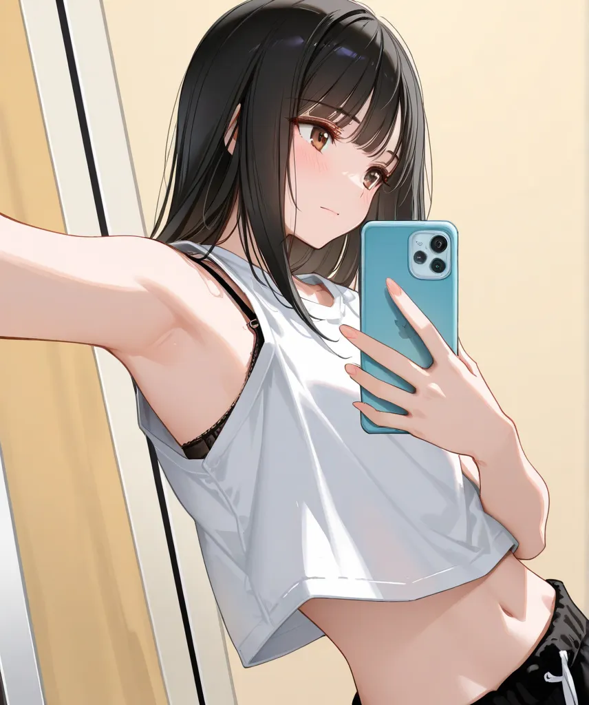 1girl, solo,  in front of mirror,selfie,hip tilt,,upper body, navel, shirt with "Monst3r" text, midriff, seductive smile, sexy, 