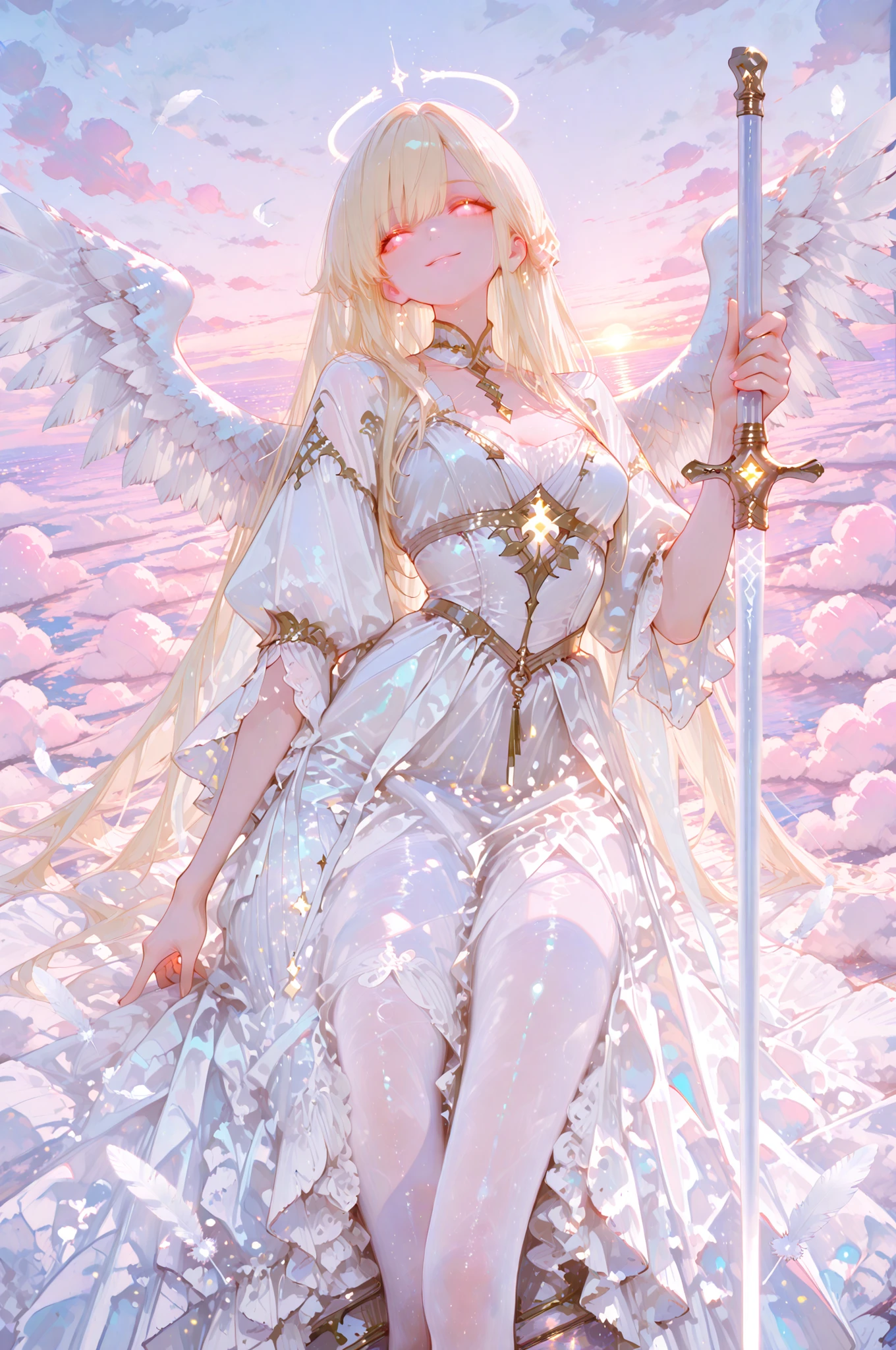 Highest Quality, super definition, with great attention to detail, Female Angels, toned slim body, kind smile, Shining White Feathers, Long blonde hair, White flowing dress, Tight and slim body with the baton of condemnation in hand, A figure wrapped in soft light, Pastel Sky, above floating clouds, sacred atmosphere, glowing eyes, Delicate Expression, transparent skin, Graceful Posture, sunset light
