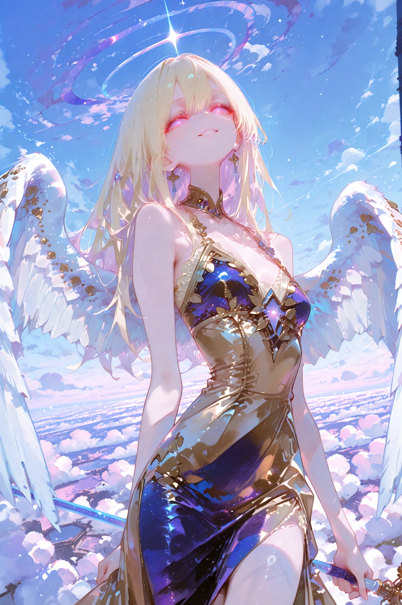 Highest Quality, Masterpiece, super high resolution,  Female Angels, slim body, white and gold dress, Big White Wings, Gentle smile, Long blonde hair, The Stick of Condemnation, god聖な光に包まれた, blue and purple gradation sky, Floating Clouds, soft tone, god々 atmosphere, Fine Details, transparent skin, Graceful Posture, god聖な象徴, glowing eyes