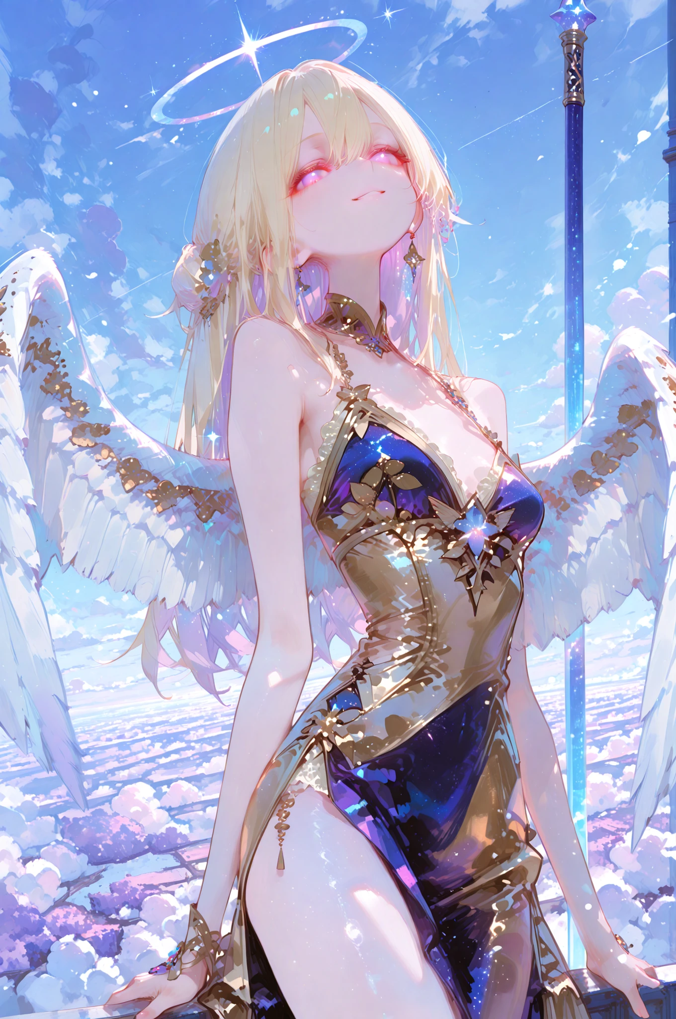 Highest Quality, Masterpiece, super high resolution, Female Angels, slim body, white and gold dress, Big White Wings, Gentle smile, Long blonde hair, The Stick of Condemnation, god聖な光に包まれた, blue and purple gradation sky, Floating Clouds, soft tone, god々 atmosphere, Fine Details, transparent skin, Graceful Posture, god聖な象徴, glowing eyes