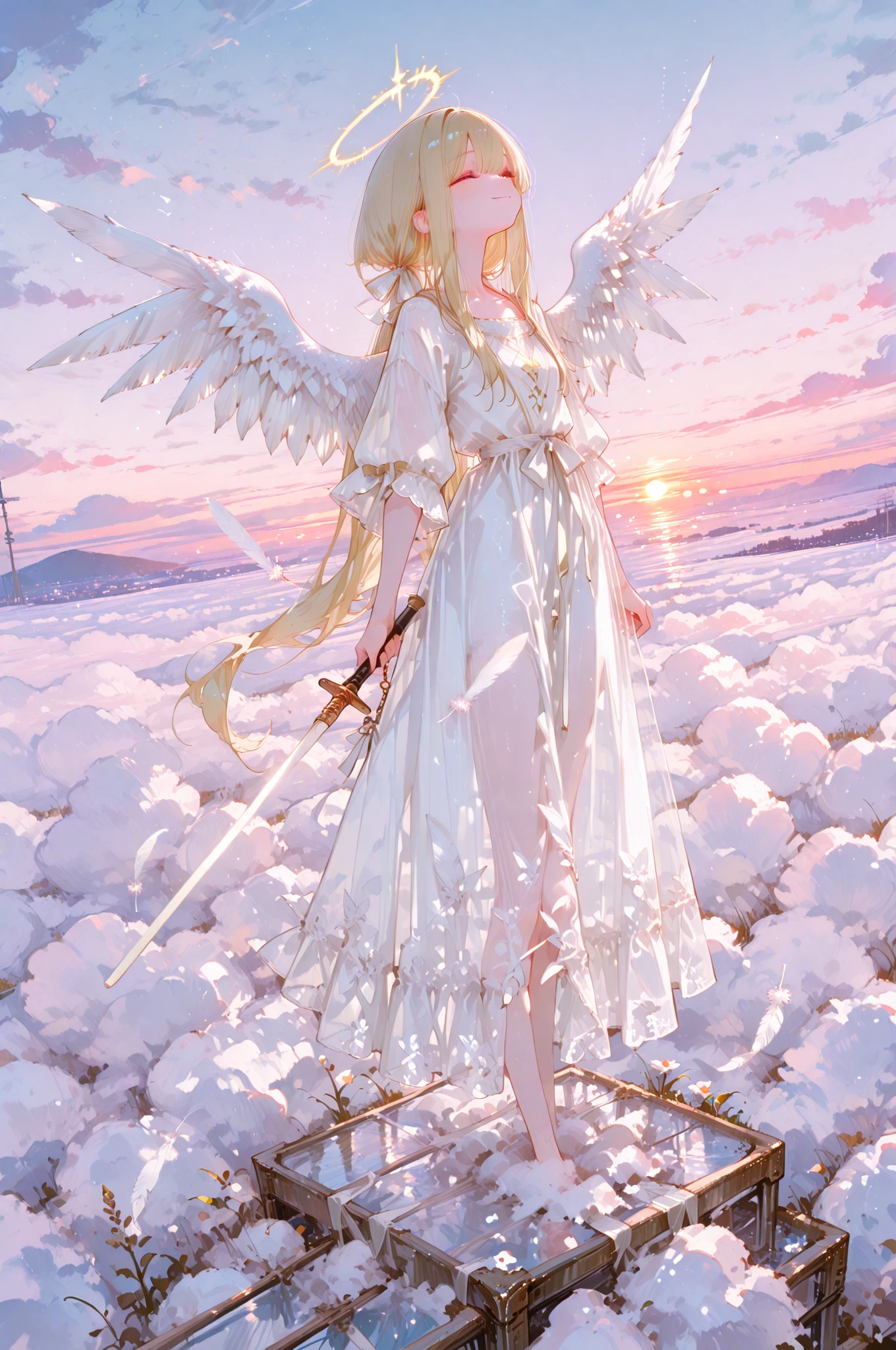 High Quality, masterpiece, 8K Wallpaper, slim female angel with the baton of condemnation, kind smile, White Feather Wings, golden hair, Shining halo, Long White Dress, Soft Skin Texture, With the baton of condemnation, god聖な雰囲気, gentle use of colors, wrapped in soft light, Standing on Clouds, sunset sky, god々Expression, detailed feather with a sword of condemnation, transparent costume, god秘的な輝き