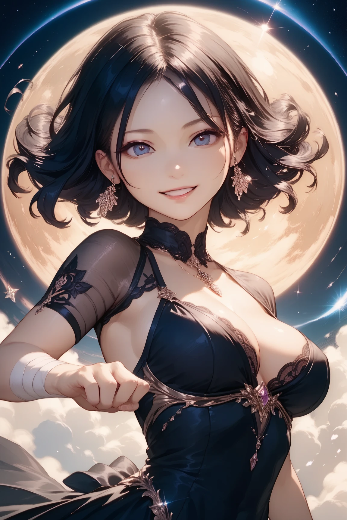 absurdres, RAW photo, extremely delicate and beautiful, masterpiece, Best Quality, ultra high resolution, 32k, hyperrealistic, ultra-detailed, perfect , anatomically correct, perfect figure, super Detailed skin, 20 years old, very Slim body, narrow waist, very small head, very small face, delicate facial features, detailed face, detailed eyes, tearful mole, earring, thin legs,  legs, very huge round , short medium hair, ((wavy hair)), wet clothes, ((black gorgeous long dress)), ((regalia)),