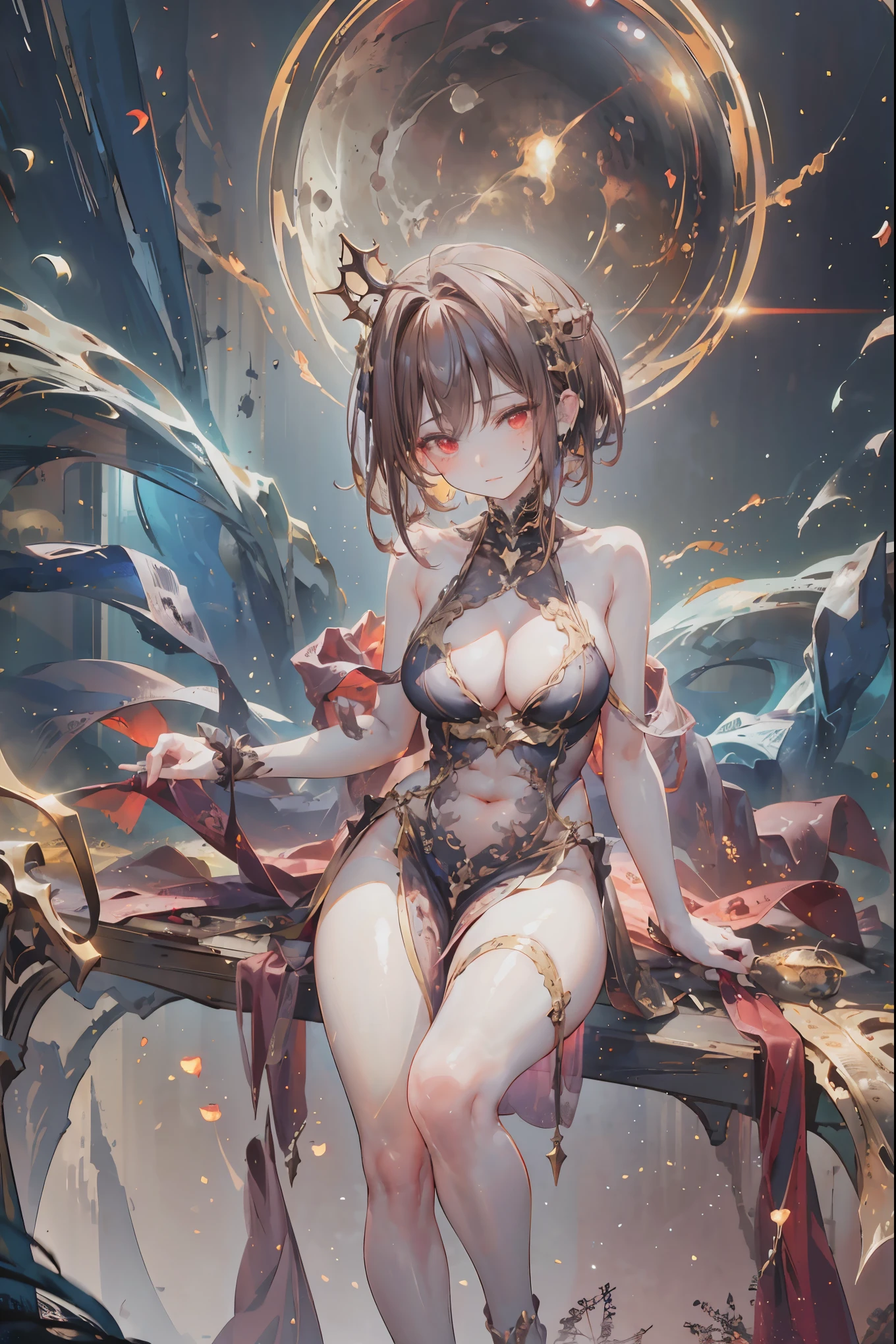 (((red eyes)))、(((Gold crown)))、A bewitching crimson eyed fairy with high quality red eyes and a sad expression、Sitting on a splendid chair in an abandoned castle、It looks like they are crossing their legs。luxurious crown，brown hair，shortcuts，unkempt hair，long skirt that comes off the shoulder straps，Short braided hair，Neat，slender beauty，correct posture，small breasted，Beautiful legs，Enchanting Gray-Blue Eyes Shine Like Stars，Saggy Eyes，Brilliant Colors,beautiful eyes,A delicate smile,Textured Skin,Best quality at its best,gentle and beautiful woman,anime style､darkness and moonlight shining in the background、there are multiple old portraits hanging that make you feel the passage of time。meteor、空から降り注ぐmeteor、無数のmeteor群、the color of determination floats in her mouth、a small flame shines thinly。detailed 4K rendering,Ultra High Definition,Photographic Realism,professional,Extremely colorful,bokeh