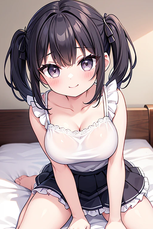 Beautiful girl at 13 years old,Japanese,,,Small and slim,Flat Chest,Small breasts,Baby Face,Small face,Black Hair,Twin tails,black eyes,middle School girls,negligee,lingerie,Blindfold,Tie hands behind back,fellatio,open mouth,cum on tongue,Kneeling and sitting,Beautiful and detailed anime art,First-person view,A mischievous smile
