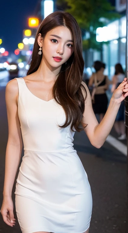 A woman in a white dress is walking down the street - SeaArt AI