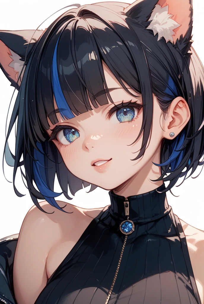 ((highly best quality))、((巨作))、((ultra-definition))、(illutst)、(Fine light)、(Extremely delicate and beautiful)、(((独奏)))、(((a beautifulchi girl) )))、((Best Quality, Clearly,(Black hair), (Black cat ears), (Ahoge), (absurdly short hair), (Wavy Hair), (Blue eyes),Holding a cigarette、