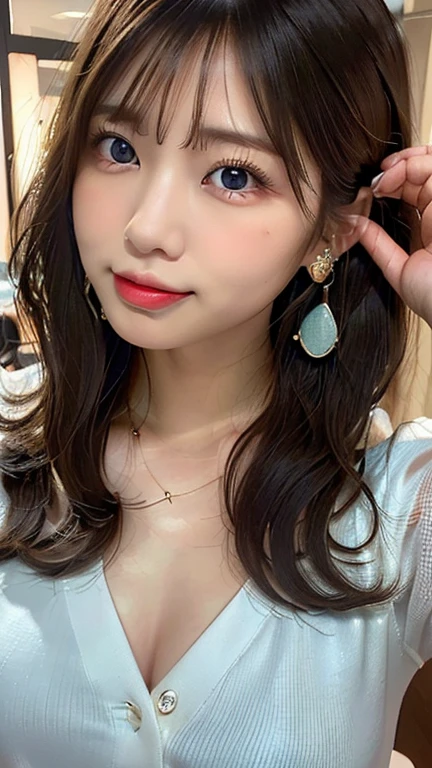 face closeup  , Selfie , 8k, RAW Photos, Fujifilm, Analogue style photo of a beautiful 14 year old girl Avril in a pale pink rose garden (Highly detailed skin:1.2) Style - Split Petals
, Brown hair with colored stripes, Bob Hair , Blunt bangs, Wearing a light blue dress, hoodie , Neck-length dresses, necklace , Earrings, Film Grain, 35mm, Cute Style,  close, Big shy smile , Random cute poses , Leaning forward or backward
, Drinking coffee at a cafe
, closeup shot
 , Starbucks