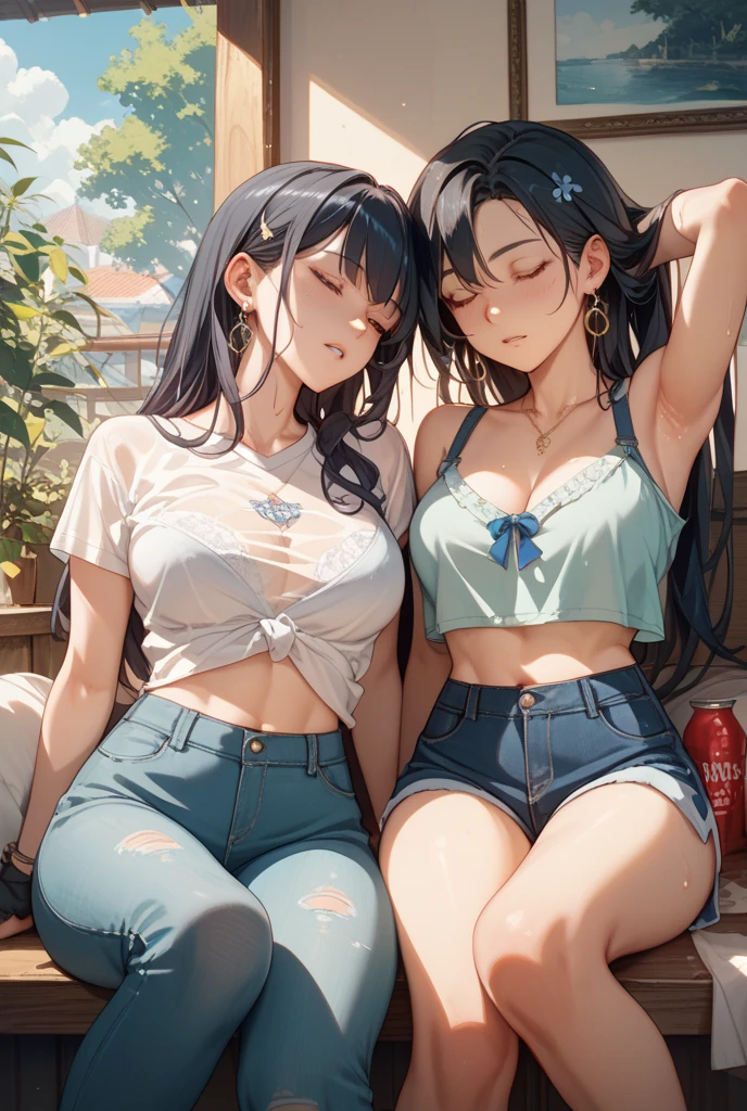 Girls, black hair, red eyes, long hair, tall, broad , medium , round , pretty face, wearing a white shirt, wet shirt, short gym shorts, single girl