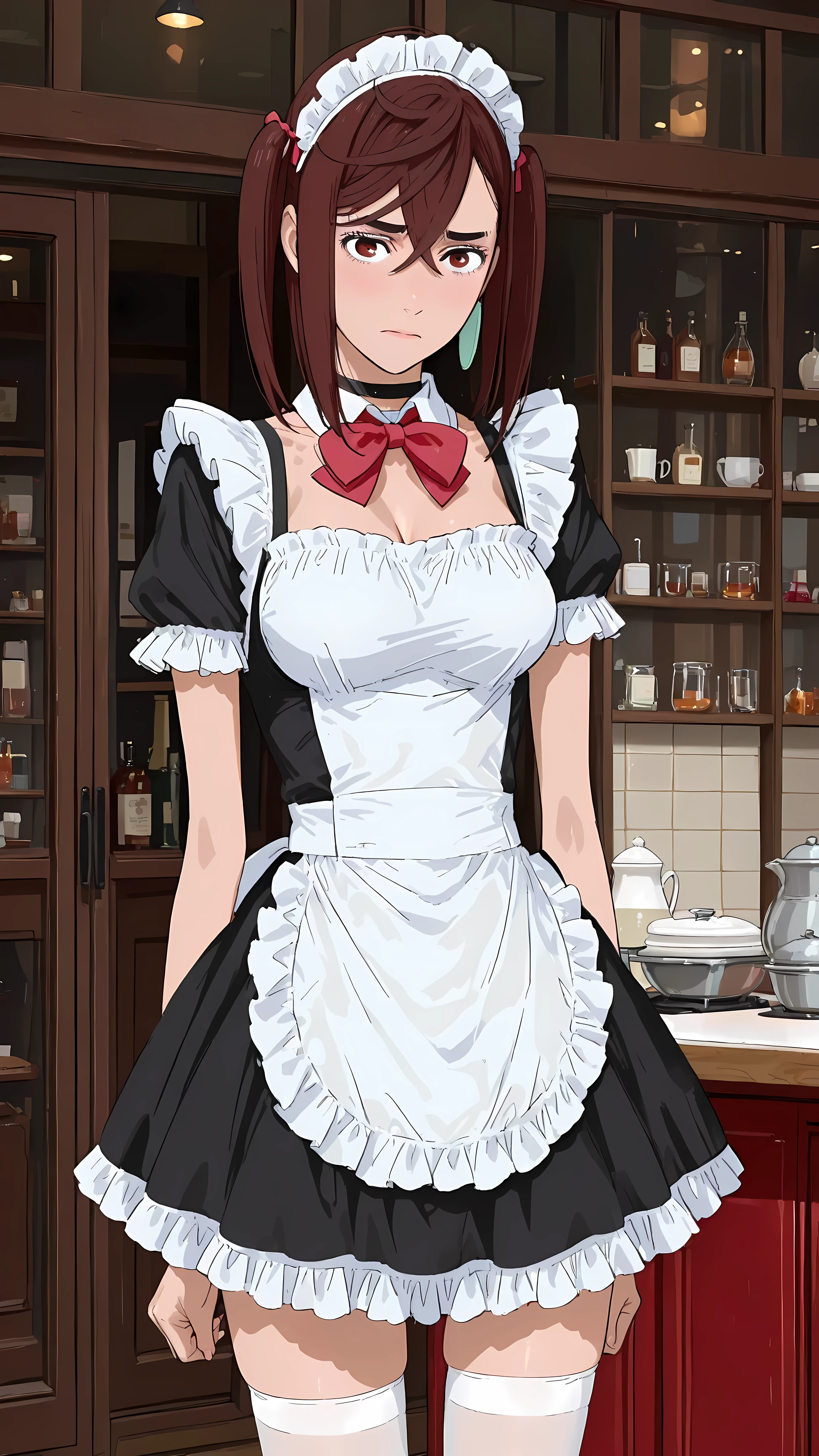 (masterpiece,best quality:1.2,amazing quality,very aesthetic, absurdres, newest),(anime coloring), dandadan style,(Ayase Momo, Dandadan ),1girl,(ideal ratio body proportions:1.2),(slender body,skinny:1.2), medium breasts,medium brown hair,twintails,big eyes,brown eyes,shy,,black dress, collar, Maid's cosplay,red bow, frilled dress, short sleeves,frilled sleeves,white_thighhighs,cafe,