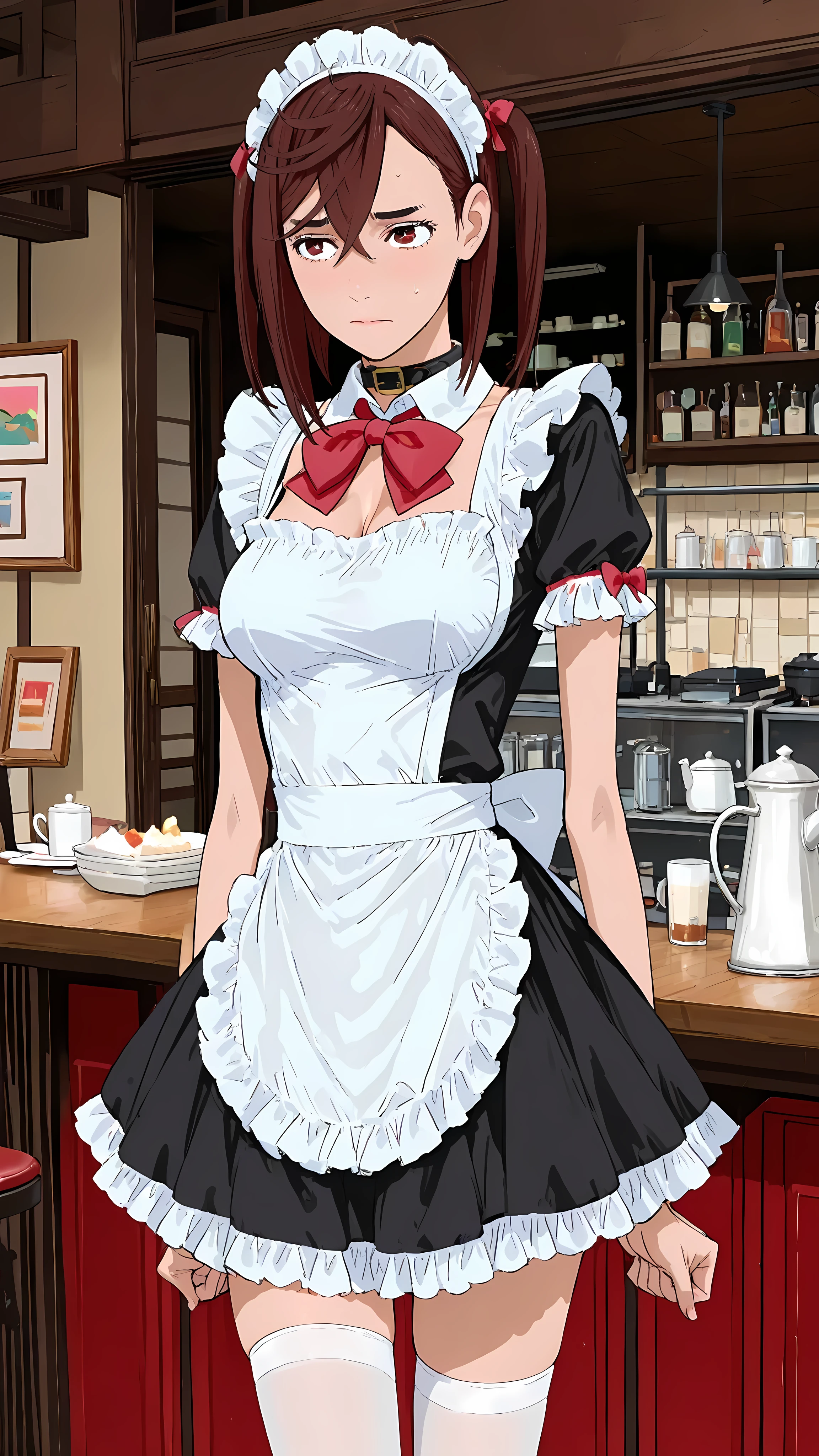 (masterpiece,best quality:1.2,amazing quality,very aesthetic, absurdres, newest),(anime coloring), dandadan style,(Ayase Momo, Dandadan ),1girl,(ideal ratio body proportions:1.2),(slender body,skinny:1.2), medium breasts,medium brown hair,twintails,big eyes,brown eyes,shy,,black dress, collar, Maid's cosplay,red bow, frilled dress, short sleeves,frilled sleeves,white_thighhighs,cafe,