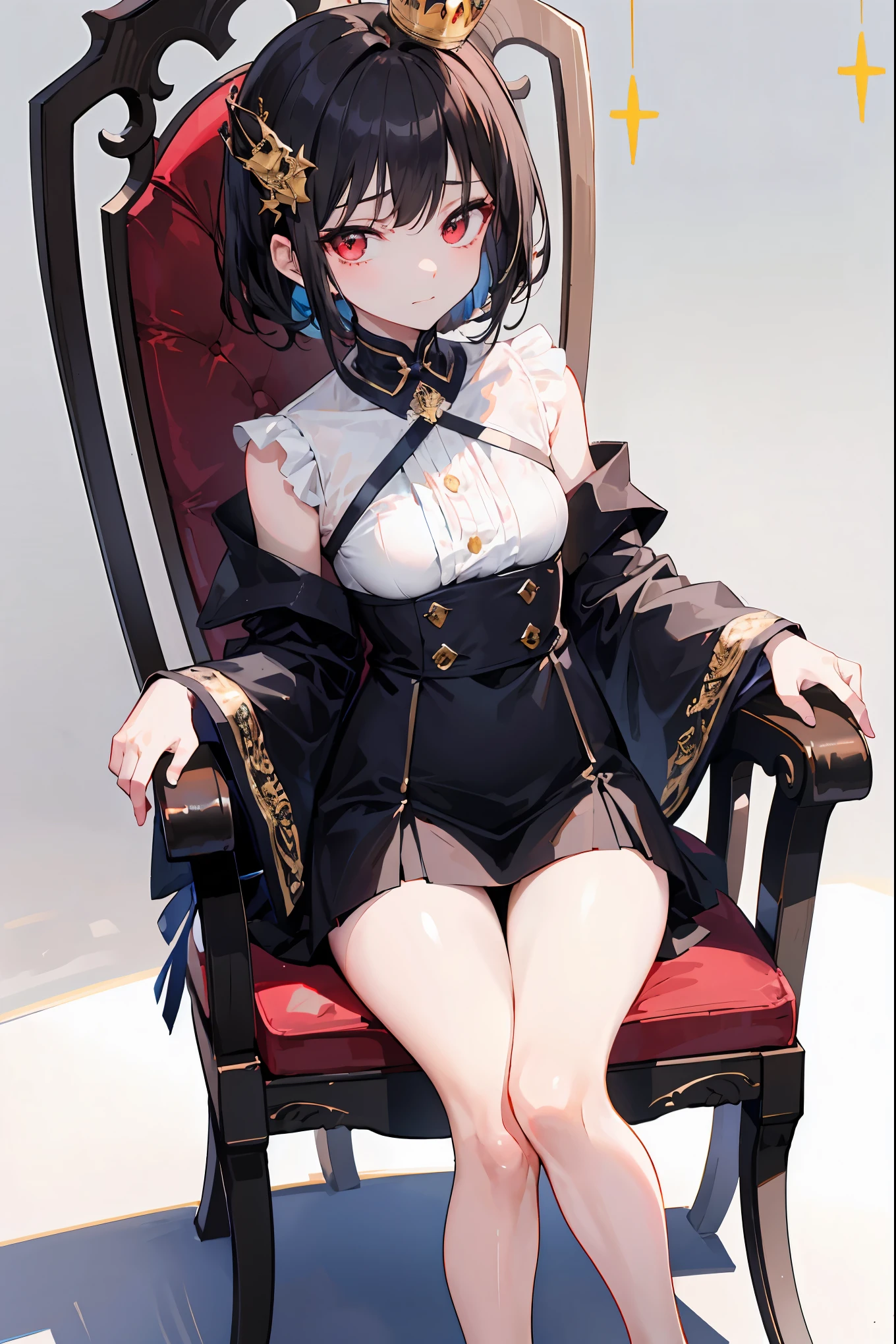 (((red eyes)))、(((Gold crown)))、A bewitching crimson eyed fairy with high quality red eyes and a sad expression、Sitting on a splendid chair in an abandoned castle、It looks like they are crossing their legs。luxurious crown，brown hair，shortcuts，unkempt hair，long skirt that comes off the shoulder straps，Short braided hair，Neat，slender beauty，correct posture，small breasted，Beautiful legs，Enchanting Gray-Blue Eyes Shine Like Stars，Saggy Eyes，Brilliant Colors,beautiful eyes,A delicate smile,Textured Skin,Best quality at its best,gentle and beautiful woman,anime style､darkness and moonlight shining in the background、there are multiple old portraits hanging that make you feel the passage of time。meteor、空から降り注ぐmeteor、無数のmeteor群、the color of determination floats in her mouth、a small flame shines thinly。detailed 4K rendering,Ultra High Definition,Photographic Realism,professional,Extremely colorful,bokeh