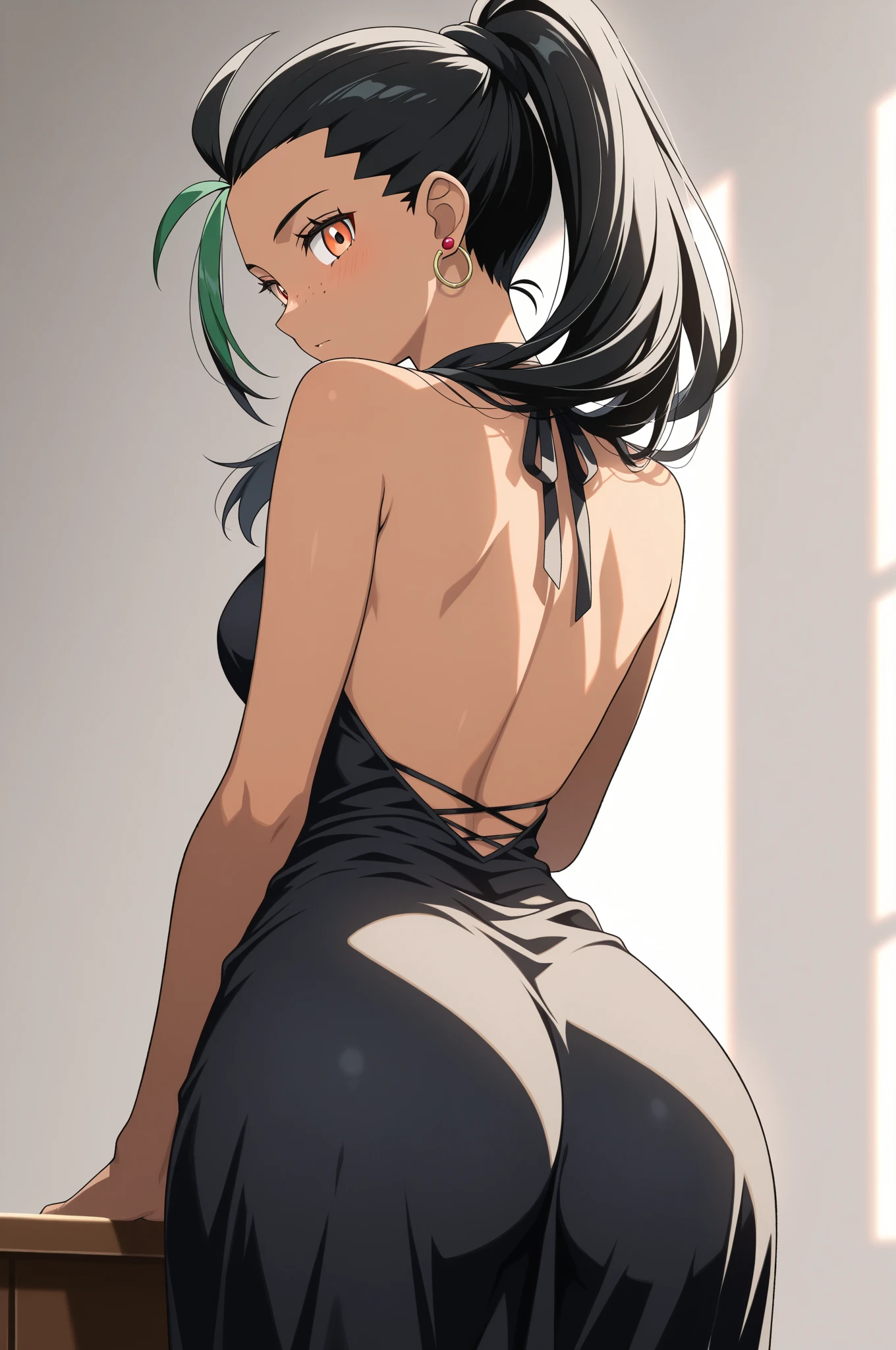 undertale，chala，teenage girl，Sexy，green，crop top，short brown hair，Blushed，Underwear model，lust，hand repair，detail，X-rated， clothes are，HD，no underwear，Smile， TV show，Cocked buttocks，stick out your tongue，playful，back view，hips close，clean，lace