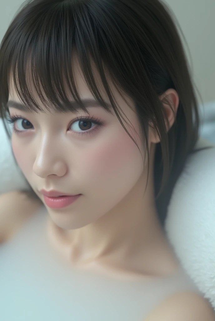 ((8K, top-quality, ​masterpiece, 超A high resolution, Photorealsitic:1.5)), 1girl in, sixteen years old, Perfect dynamic composition, tilt the neck, Look up at the viewer on the bed:1.4, Highly detailed eye and face texture:1.3, Fair skin, (White liquid dripping on the face:1.3), (Beautiful blue eyes, Eyes that feel beautiful eros:1,5), (Face feeling ???????:1.5, ???? face:1.5), (A mouthfeel that feels beautiful eros:1.55), (Facial expression when you feel that you are being caressed violently:1.8), (An expression immersed in intense pleasure:1.8), (foco nítido, Cinematic lighting), Show face only, ((((??????????)))), Cute ???? woman