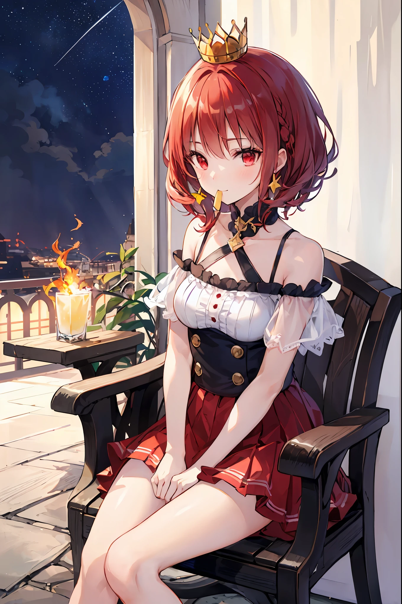 (((red eyes)))、(((Gold crown)))、A bewitching crimson eyed fairy with high quality red eyes and a sad expression、Sitting on a splendid chair in an abandoned castle、It looks like they are crossing their legs。luxurious crown，brown hair，shortcuts，unkempt hair，long skirt that comes off the shoulder straps，Short braided hair，Neat，slender beauty，correct posture，small breasted，Beautiful legs，Enchanting Gray-Blue Eyes Shine Like Stars，Saggy Eyes，Brilliant Colors,beautiful eyes,A delicate smile,Textured Skin,Best quality at its best,gentle and beautiful woman,anime style､darkness and moonlight shining in the background、there are multiple old portraits hanging that make you feel the passage of time。meteor、空から降り注ぐmeteor、無数のmeteor群、the color of determination floats in her mouth、a small flame shines thinly。detailed 4K rendering,Ultra High Definition,Photographic Realism,professional,Extremely colorful,bokeh