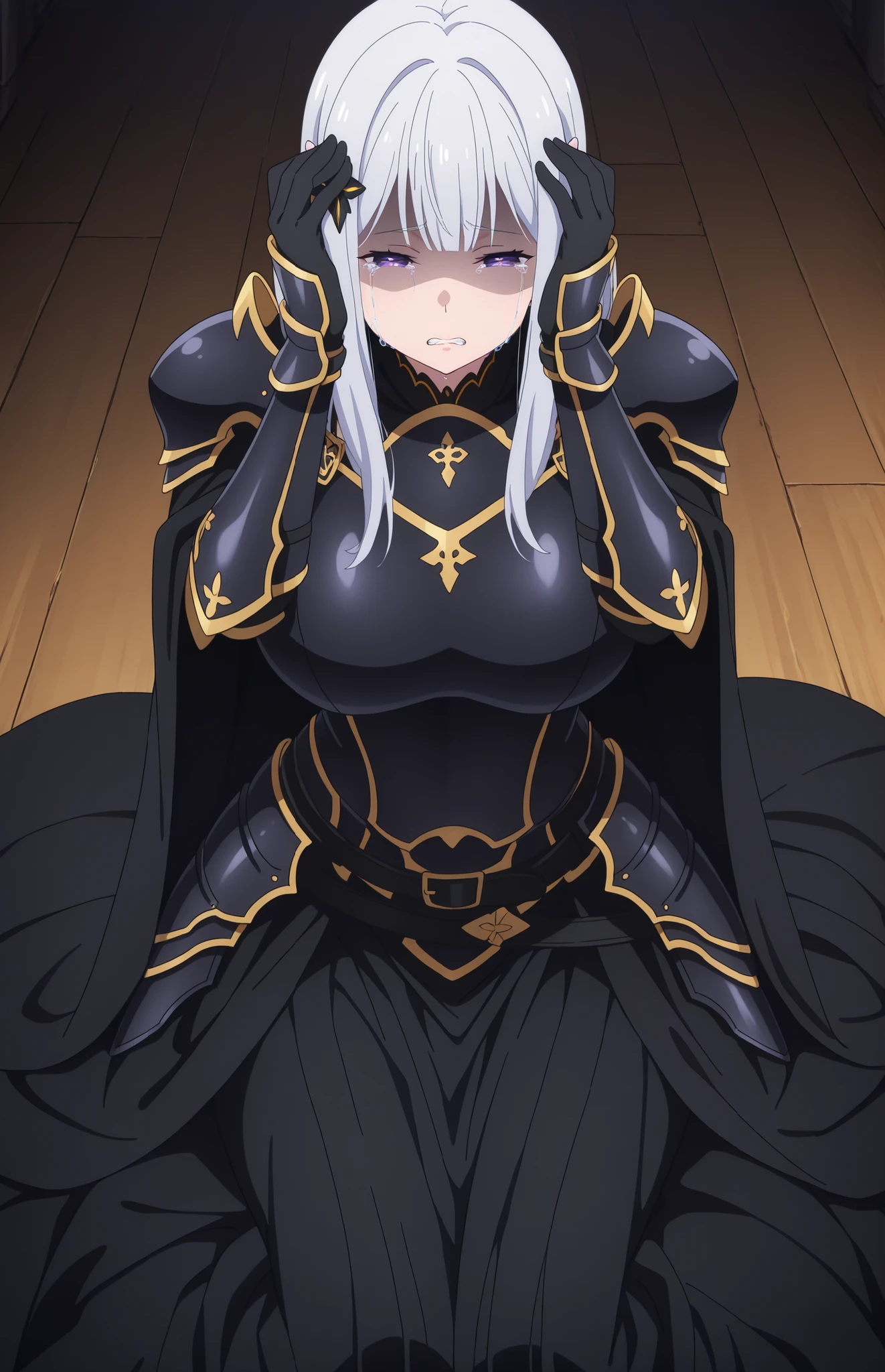 newest , masterpiece , anime screencap , anime coloring , adult ReZero, Solo, long dress, Satella, Anime, 1girl, Mature Female, pointy ears, hair ornament, silver hair, long hair, open, sad, crying eyes open, tears, Pain, hands on own head, clenched teeth, shaded face, lips, purple eyes, half-closed_eyes, big breasts, view detailed body, Curvy, glamorous bodies, attractive bodies, Sitting on the floor,((knight, armored dress, black cape, black armor, pauldrons, gauntlets, black gloves, black belt, faulds, long skirt, black skirt,)), (((Sexy,))) war,