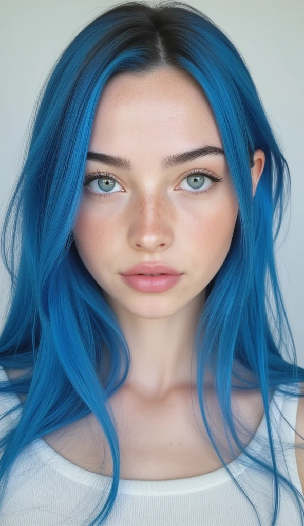 beautiful American girl, (small lips: 1.2), angular face, sharp features, smooth chin, electric blue hair, shy look, 18 years old girl, ( focus on face, shallow focus:1.2), in bathtub, 4k, natural lighting, film grain