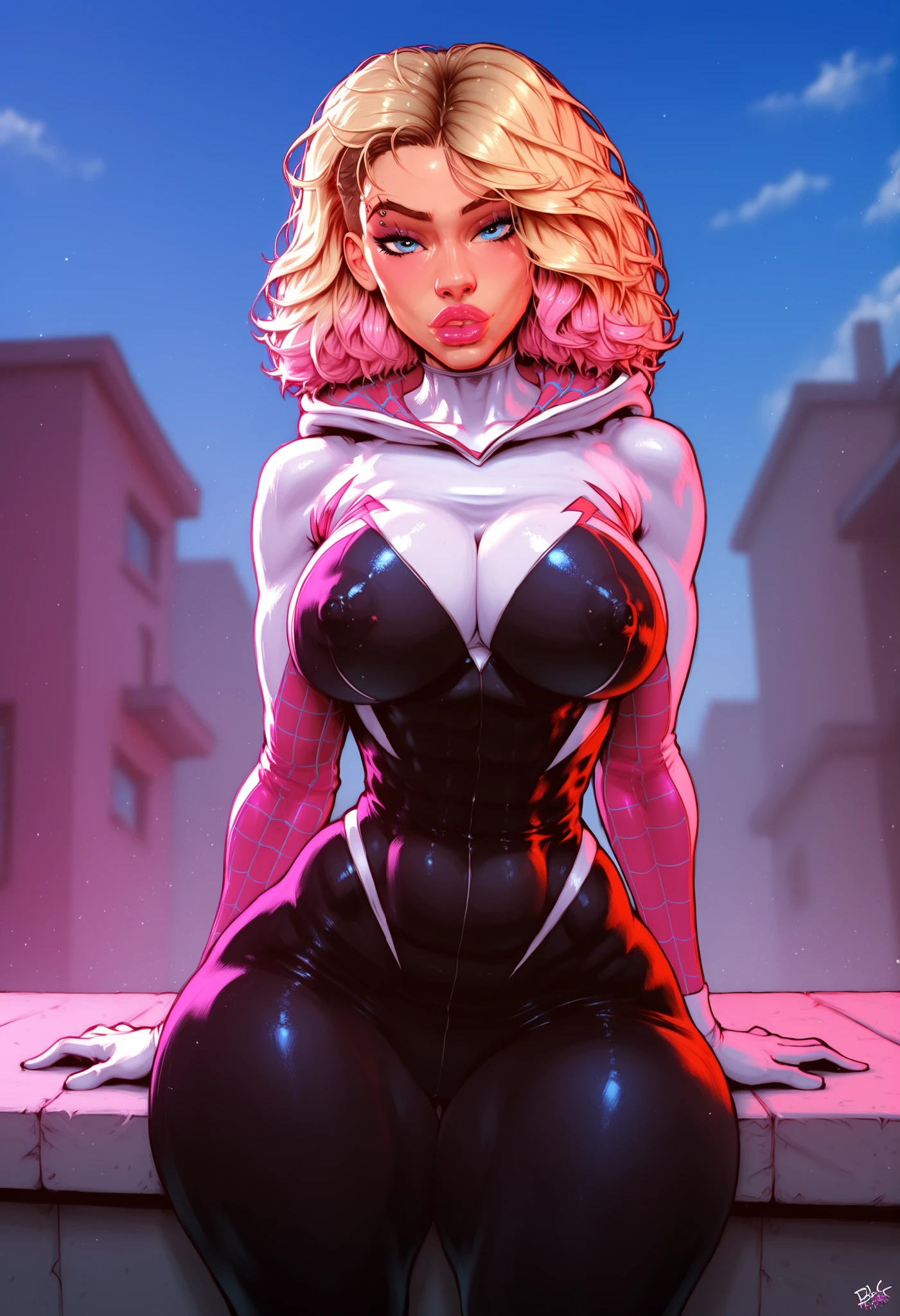 spider Gwen,blonde,female superhero,very beautiful,red and black and white costume,[photorealistic, realistic],blue eyes,teen,pink highlights,roof top of a building background,4k,hdr,[canon nikon image] bimbo lips, huge bimbo lips,