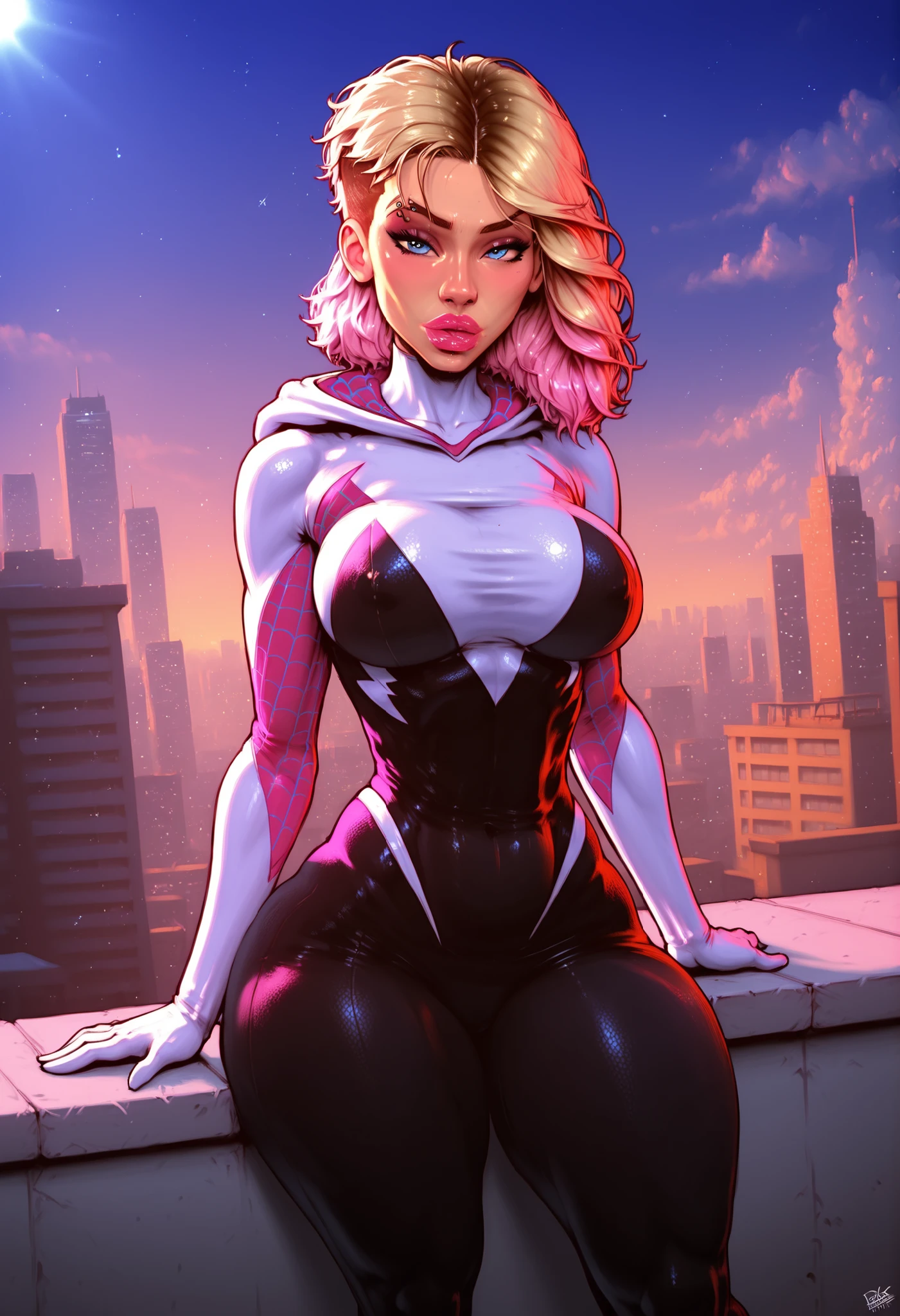 spider Gwen,blonde,female superhero,very beautiful,red and black and white costume,[photorealistic, realistic],blue eyes,teen,pink highlights,roof top of a building background,4k,hdr,[canon nikon image] bimbo lips, huge bimbo lips,