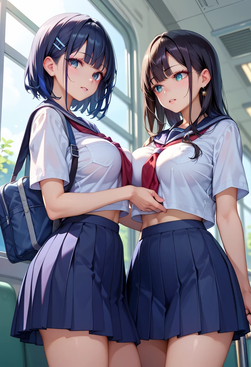 Highest quality、High resolution、Detailed Background、(Beautiful face in every detail:1.4)、Anatomically correct、(Detailed facial expressions)、
Teenage beauty、(Highly detailed face:1.2)、(????????????:1.2)、cute hair color、Bobcut、ponytail、cute hairstyle、Attractive Big ????、Perfect body line、well-groomed eyebrows、cute gesture、

(Two beautiful girls sitting at a desk in a classroom with big smiles:1.5)、

Navy blue sailor suit、White sailor collar、Pleated mini skirt、White Stockings、
Under the skirt、Under the skirt、(close-up ????????? From below)、From below、Are standing、
????、????? shot、(underboob:1.3)、(????? Shot:1.3)、cute