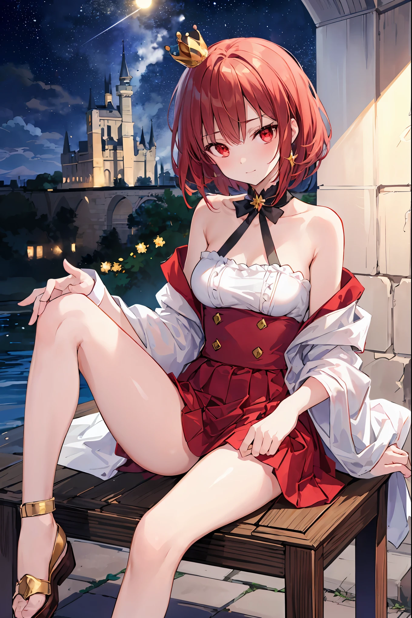 (((red eyes)))、(((Gold crown)))、A bewitching crimson eyed fairy with high quality red eyes and a sad expression、Sitting on a splendid chair in an abandoned castle、It looks like they are crossing their legs。luxurious crown，brown hair，shortcuts，unkempt hair，long skirt that comes off the shoulder straps，Short braided hair，Neat，slender beauty，correct posture，small breasted，Beautiful legs，Enchanting Gray-Blue Eyes Shine Like Stars，Saggy Eyes，Brilliant Colors,beautiful eyes,A delicate smile,Textured Skin,Best quality at its best,gentle and beautiful woman,anime style､darkness and moonlight shining in the background、there are multiple old portraits hanging that make you feel the passage of time。meteor、空から降り注ぐmeteor、無数のmeteor群、the color of determination floats in her mouth、a small flame shines thinly。detailed 4K rendering,Ultra High Definition,Photographic Realism,professional,Extremely colorful,bokeh