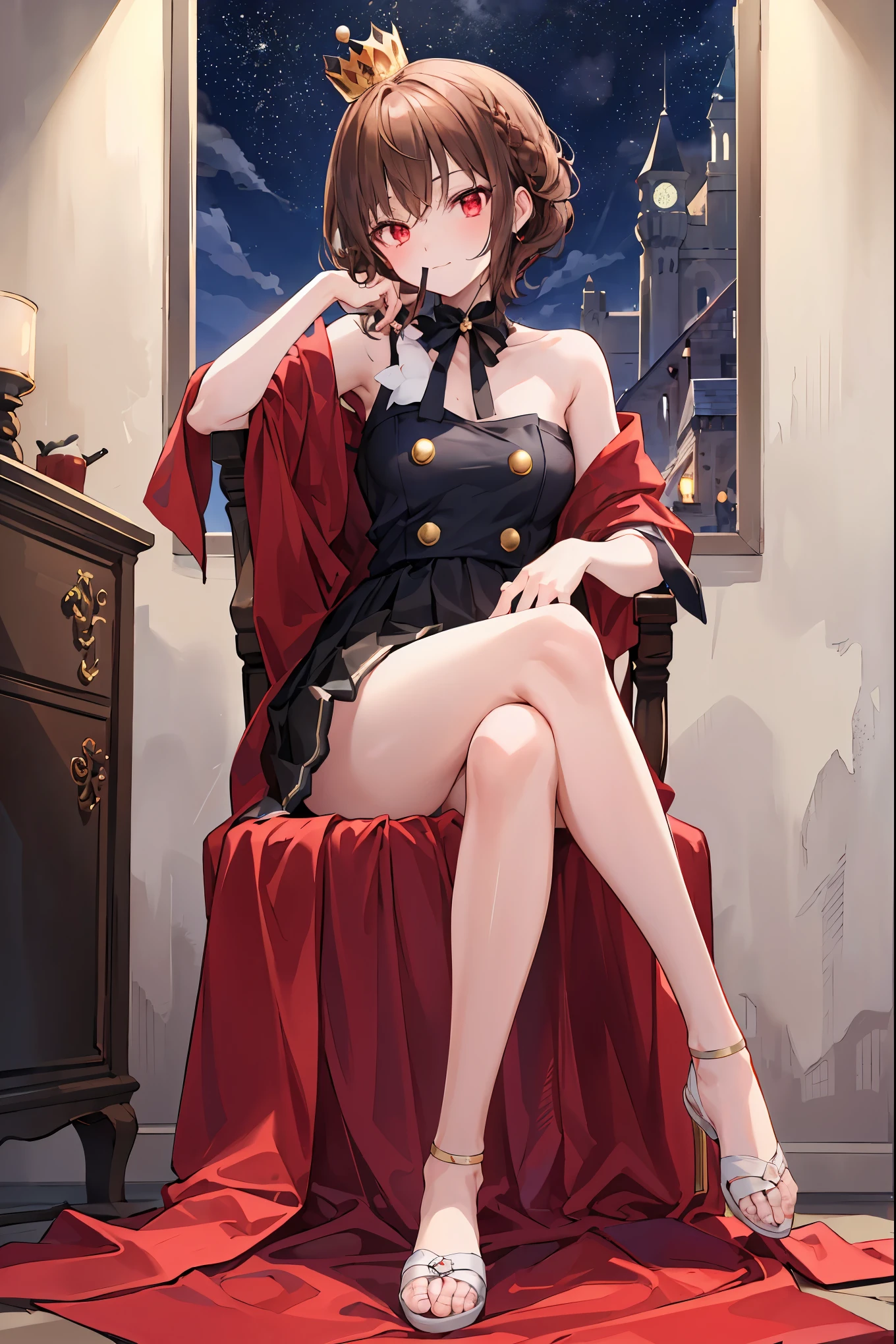 (((red eyes)))、(((Gold crown)))、A bewitching crimson eyed fairy with high quality red eyes and a sad expression、Sitting on a splendid chair in an abandoned castle、It looks like they are crossing their legs。luxurious crown，brown hair，shortcuts，unkempt hair，long skirt that comes off the shoulder straps，Short braided hair，Neat，slender beauty，correct posture，small breasted，Beautiful legs，Enchanting Gray-Blue Eyes Shine Like Stars，Saggy Eyes，Brilliant Colors,beautiful eyes,A delicate smile,Textured Skin,Best quality at its best,gentle and beautiful woman,anime style､darkness and moonlight shining in the background、there are multiple old portraits hanging that make you feel the passage of time。meteor、空から降り注ぐmeteor、無数のmeteor群、the color of determination floats in her mouth、a small flame shines thinly。detailed 4K rendering,Ultra High Definition,Photographic Realism,professional,Extremely colorful,bokeh