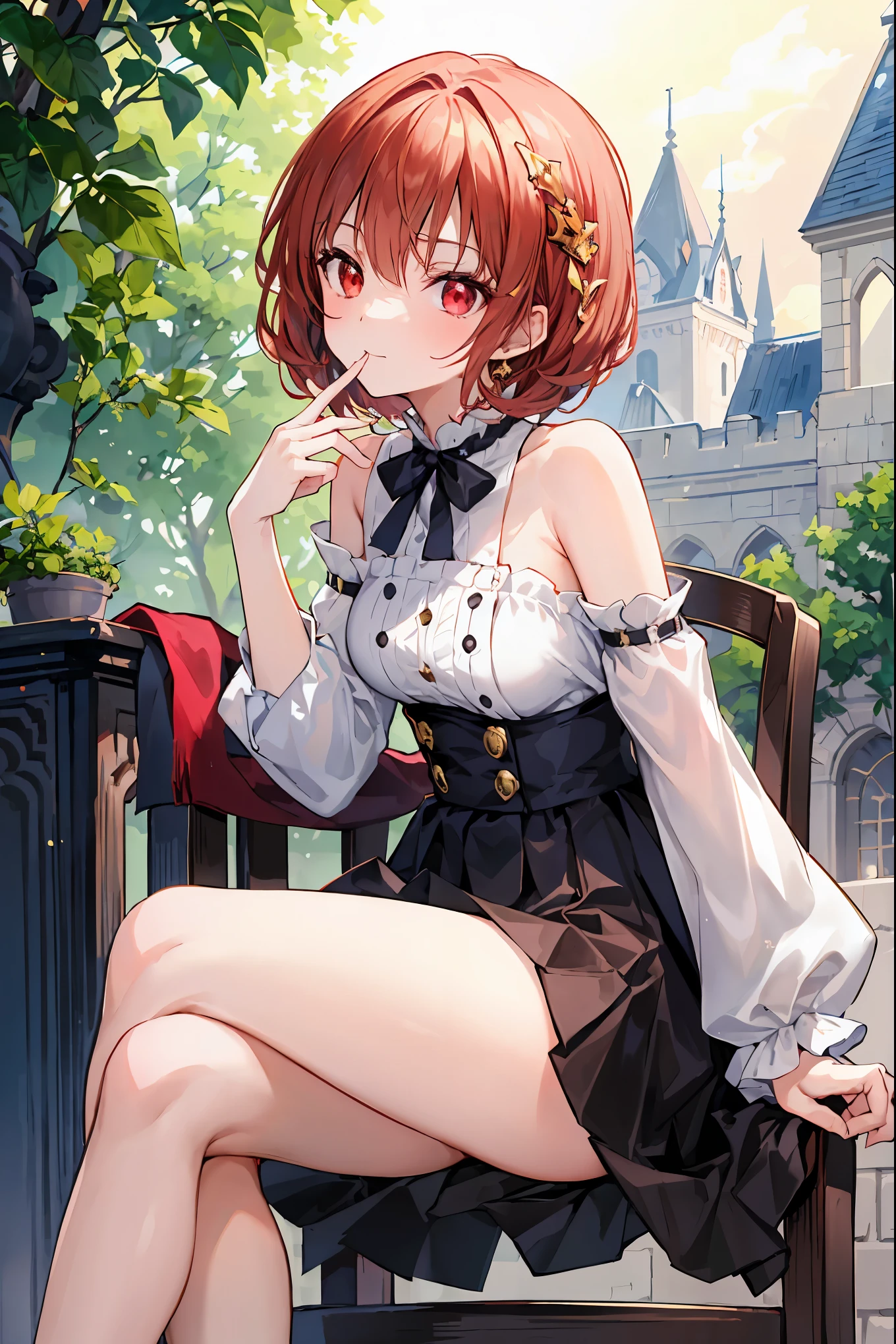 (((red eyes)))、(((Gold crown)))、A bewitching crimson eyed fairy with high quality red eyes and a sad expression、Sitting on a splendid chair in an abandoned castle、It looks like they are crossing their legs。luxurious crown，brown hair，shortcuts，unkempt hair，long skirt that comes off the shoulder straps，Short braided hair，Neat，slender beauty，correct posture，small breasted，Beautiful legs，Enchanting Gray-Blue Eyes Shine Like Stars，Saggy Eyes，Brilliant Colors,beautiful eyes,A delicate smile,Textured Skin,Best quality at its best,gentle and beautiful woman,anime style､darkness and moonlight shining in the background、there are multiple old portraits hanging that make you feel the passage of time。meteor、空から降り注ぐmeteor、無数のmeteor群、the color of determination floats in her mouth、a small flame shines thinly。detailed 4K rendering,Ultra High Definition,Photographic Realism,professional,Extremely colorful,bokeh