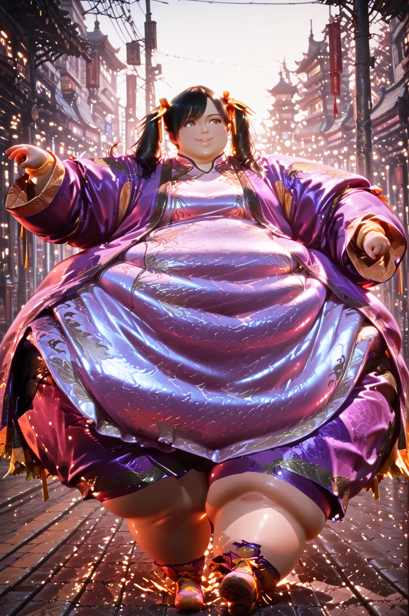 1girl,solo, masterpiece, best quality, Ling Xiaoyu, long hair, black hair, twin tails,brown eyes, Asian, shirt, long sleeves, hair ornament, ribbon, hair ribbon, open clothes, shorts, open jacket, purple jacket, purple shorts, Chinese clothes, short dress, bike shorts, China dress, yellow ribbon,WeightImmobile,hyper fat,hyper obese, full body, smile, outdoors, street, walking, action pose, dynamic angle
