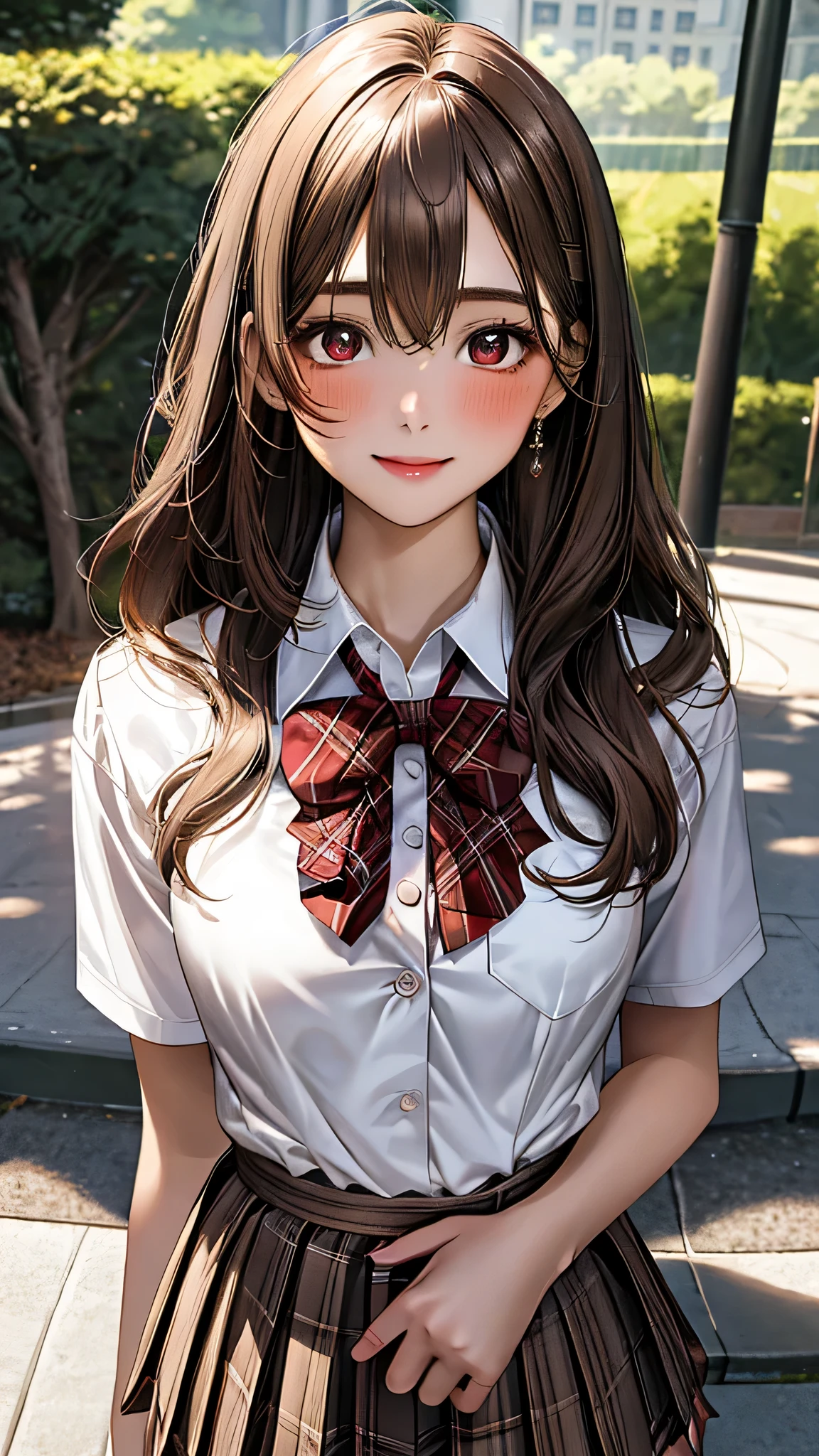 (masterpiece:1.3, top-quality, ultra high res, ultra detailed), (realistic, photorealistic:1.4), beautiful illustration, perfect lighting, natural lighting, colorful, depth of fields, surrealism, 
beautiful detailed hair, beautiful detailed face, beautiful detailed eyes, beautiful clavicle, beautiful body, beautiful , beautiful thigh, beautiful legs, beautiful fingers, shiny skin, 
looking at viewer, 1 girl, japanese, high school girl, (perfect , anatomically correct, super detailed skin), cute and symmetrical face, babyface, perfect face, perfect eyes, 
(long hair, straight hair, brown hair), parted bangs, maroon eyes, big eyes, long eyelashes, (,  thighs), slender, outstanding style, 
((detailed cloth texture, break,break, white collared shirt, break,break, light brown knit vest, break,break, grey pleated skirt, break,break, red bow tie), break,break, white socks, black loafer), 
(beautiful scenery), evening, (park), standing, leaning forward, (arms behind back), (lovely smile, parted lips),