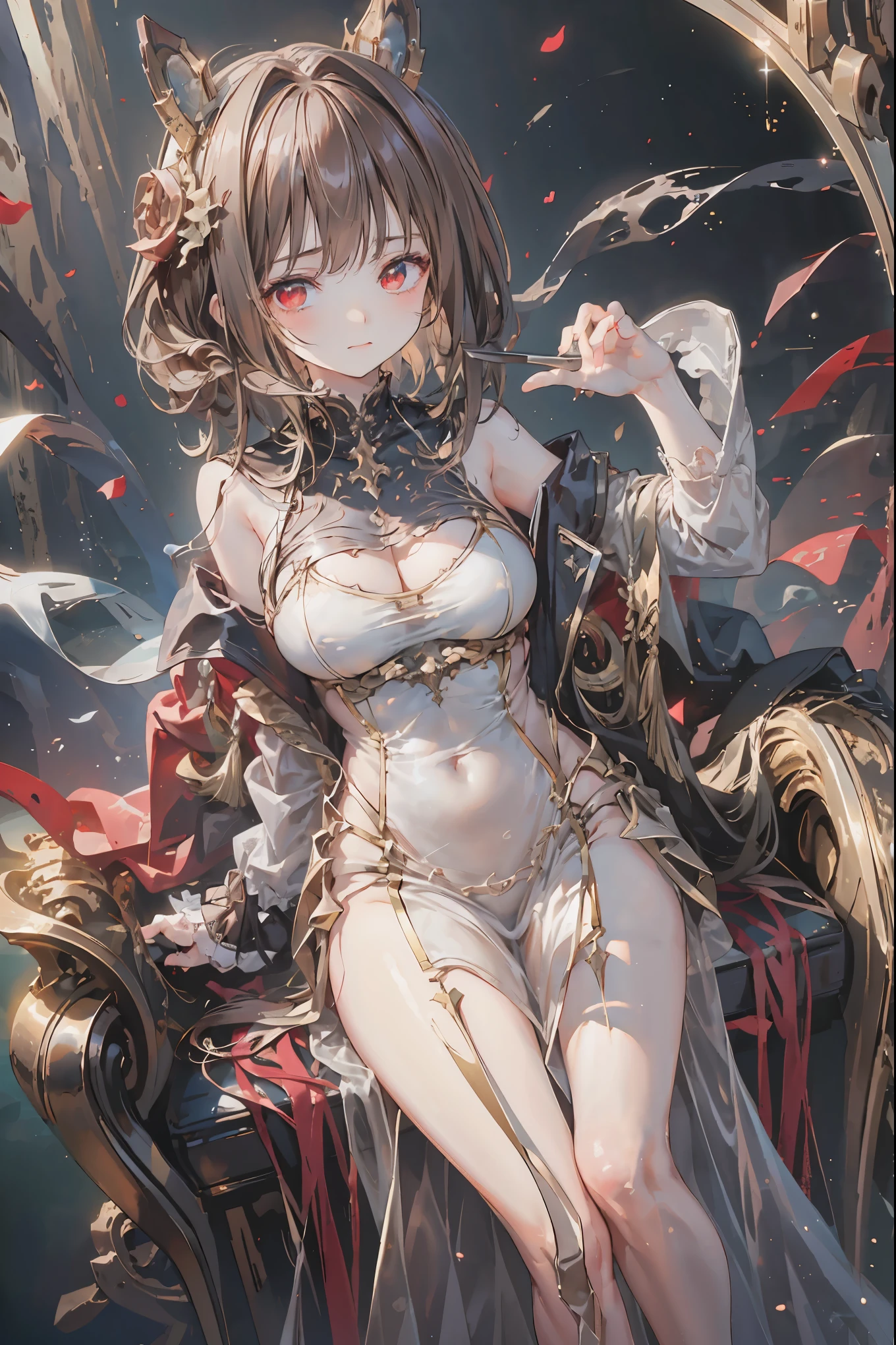 (((red eyes)))、(((Gold crown)))、A bewitching crimson eyed fairy with high quality red eyes and a sad expression、Sitting on a splendid chair in an abandoned castle、It looks like they are crossing their legs。luxurious crown,brown hair,shortcuts,unkempt hair,long skirt that comes off the shoulder straps,Short braided hair,Neat,slender beauty,correct posture,small breasted,Beautiful legs,Enchanting Gray-Blue Eyes Shine Like Stars,Saggy Eyes,Brilliant Colors,beautiful eyes,A delicate smile,Textured Skin,Best quality at its best,gentle and beautiful woman,anime style、darkness and moonlight shining in the background、there are multiple old portraits hanging that make you feel the passage of time。meteor、空から降り注ぐmeteor、無数のmeteor群、the color of determination floats in her mouth、a small flame shines thinly。detailed 4K rendering,Ultra High Definition,Photographic Realism,professional,Extremely colorful,bokeh