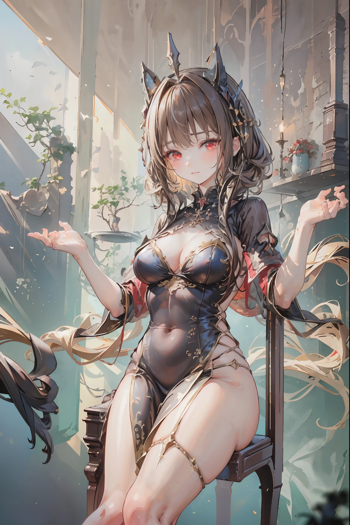 (((red eyes)))、(((Gold crown)))、A bewitching crimson eyed fairy with high quality red eyes and a sad expression、Sitting on a splendid chair in an abandoned castle、It looks like they are crossing their legs。luxurious crown，brown hair，shortcuts，unkempt hair，long skirt that comes off the shoulder straps，Short braided hair，Neat，slender beauty，correct posture，small breasted，Beautiful legs，Enchanting Gray-Blue Eyes Shine Like Stars，Saggy Eyes，Brilliant Colors,beautiful eyes,A delicate smile,Textured Skin,Best quality at its best,gentle and beautiful woman,anime style､darkness and moonlight shining in the background、there are multiple old portraits hanging that make you feel the passage of time。meteor、空から降り注ぐmeteor、無数のmeteor群、the color of determination floats in her mouth、a small flame shines thinly。detailed 4K rendering,Ultra High Definition,Photographic Realism,professional,Extremely colorful,bokeh