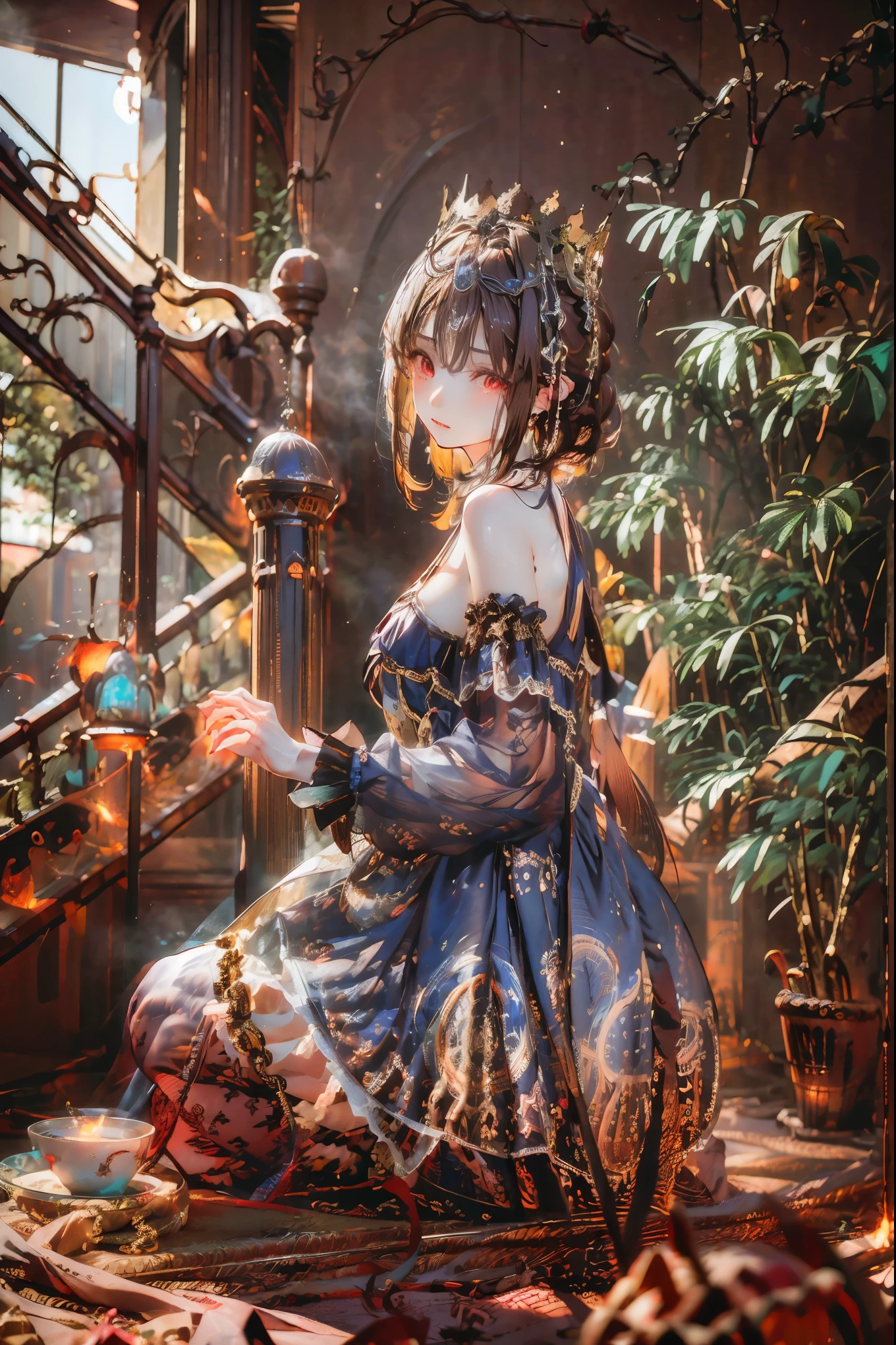 (((red eyes)))、(((Gold crown)))、A bewitching crimson eyed fairy with high quality red eyes and a sad expression、Sitting on a splendid chair in an abandoned castle、It looks like they are crossing their legs。luxurious crown，brown hair，shortcuts，unkempt hair，long skirt that comes off the shoulder straps，Short braided hair，Neat，slender beauty，correct posture，small breasted，Beautiful legs，Enchanting Gray-Blue Eyes Shine Like Stars，Saggy Eyes，Brilliant Colors,beautiful eyes,A delicate smile,Textured Skin,Best quality at its best,gentle and beautiful woman,anime style､darkness and moonlight shining in the background、there are multiple old portraits hanging that make you feel the passage of time。meteor、空から降り注ぐmeteor、無数のmeteor群、the color of determination floats in her mouth、a small flame shines thinly。detailed 4K rendering,Ultra High Definition,Photographic Realism,professional,Extremely colorful,bokeh