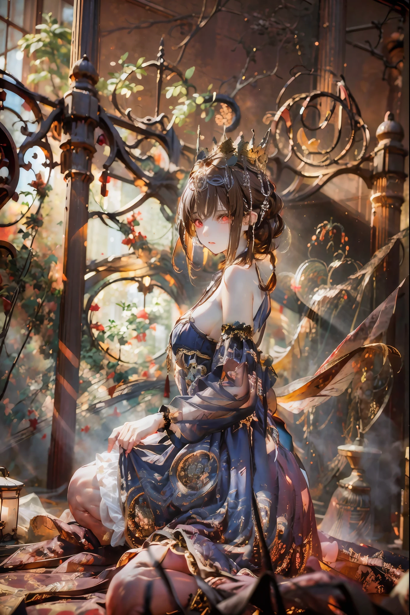 (((red eyes)))、(((Gold crown)))、A bewitching crimson eyed fairy with high quality red eyes and a sad expression、Sitting on a splendid chair in an abandoned castle、It looks like they are crossing their legs。luxurious crown，brown hair，shortcuts，unkempt hair，long skirt that comes off the shoulder straps，Short braided hair，Neat，slender beauty，correct posture，small breasted，Beautiful legs，Enchanting Gray-Blue Eyes Shine Like Stars，Saggy Eyes，Brilliant Colors,beautiful eyes,A delicate smile,Textured Skin,Best quality at its best,gentle and beautiful woman,anime style､darkness and moonlight shining in the background、there are multiple old portraits hanging that make you feel the passage of time。meteor、空から降り注ぐmeteor、無数のmeteor群、the color of determination floats in her mouth、a small flame shines thinly。detailed 4K rendering,Ultra High Definition,Photographic Realism,professional,Extremely colorful,bokeh