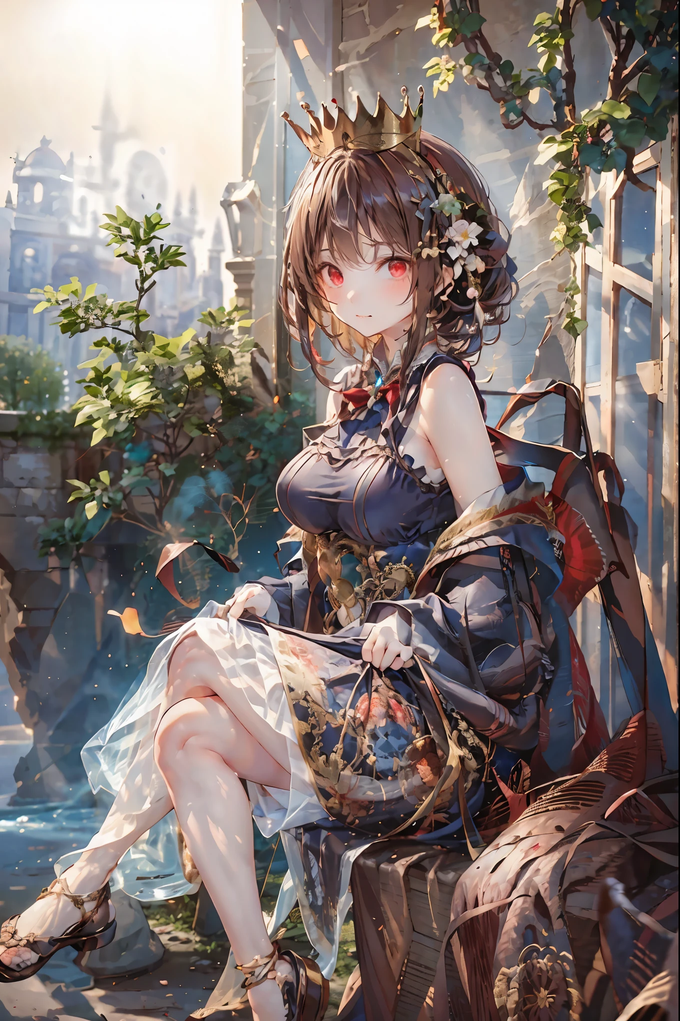 (((red eyes)))、(((Gold crown)))、A bewitching crimson eyed fairy with high quality red eyes and a sad expression、Sitting on a splendid chair in an abandoned castle、It looks like they are crossing their legs。luxurious crown，brown hair，shortcuts，unkempt hair，long skirt that comes off the shoulder straps，Short braided hair，Neat，slender beauty，correct posture，small breasted，Beautiful legs，Enchanting Gray-Blue Eyes Shine Like Stars，Saggy Eyes，Brilliant Colors,beautiful eyes,A delicate smile,Textured Skin,Best quality at its best,gentle and beautiful woman,anime style､darkness and moonlight shining in the background、there are multiple old portraits hanging that make you feel the passage of time。meteor、空から降り注ぐmeteor、無数のmeteor群、the color of determination floats in her mouth、a small flame shines thinly。detailed 4K rendering,Ultra High Definition,Photographic Realism,professional,Extremely colorful,bokeh