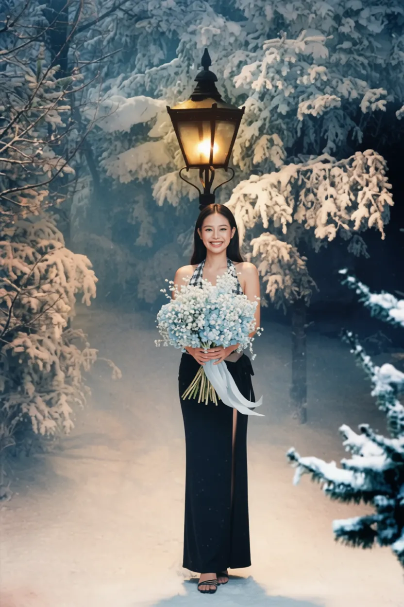 place yourself under chronicles of Narnia like Lucy under the lamp post holding a bouquet of Ice Flowers