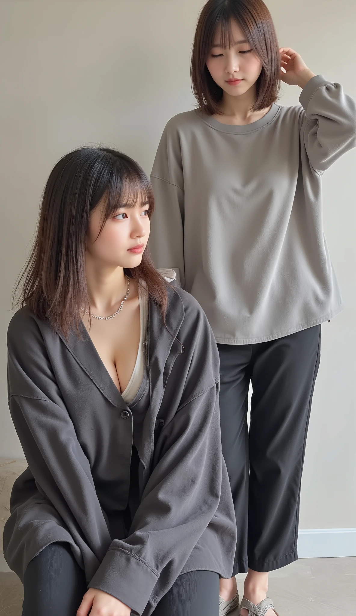 8k, super high resolution, Highest Quality, masterpiece,The Third Law ,Group of 4 tall high school students wearing black leather designer bags,X}  Overall Atmosphere 、young adults with medium length brown hair。{X} in、on minimal grey background、瞑想的inゆったりとした雰囲気を作り出します。. they're oversized, wide sleeve shirt, her abs are toned, casual attire. silver chain necklace、she's putting one hand on her head、wide sleeves and loose dark pants、style, brunette shade. putting the other hand on her knee, on a minimal gray background, their posture is slouched slightly. 照明は柔らかく均一inある, casting gentle shadows that accentuate the teXture and drapes of clothing. charcoal gray long sleeve shirt.