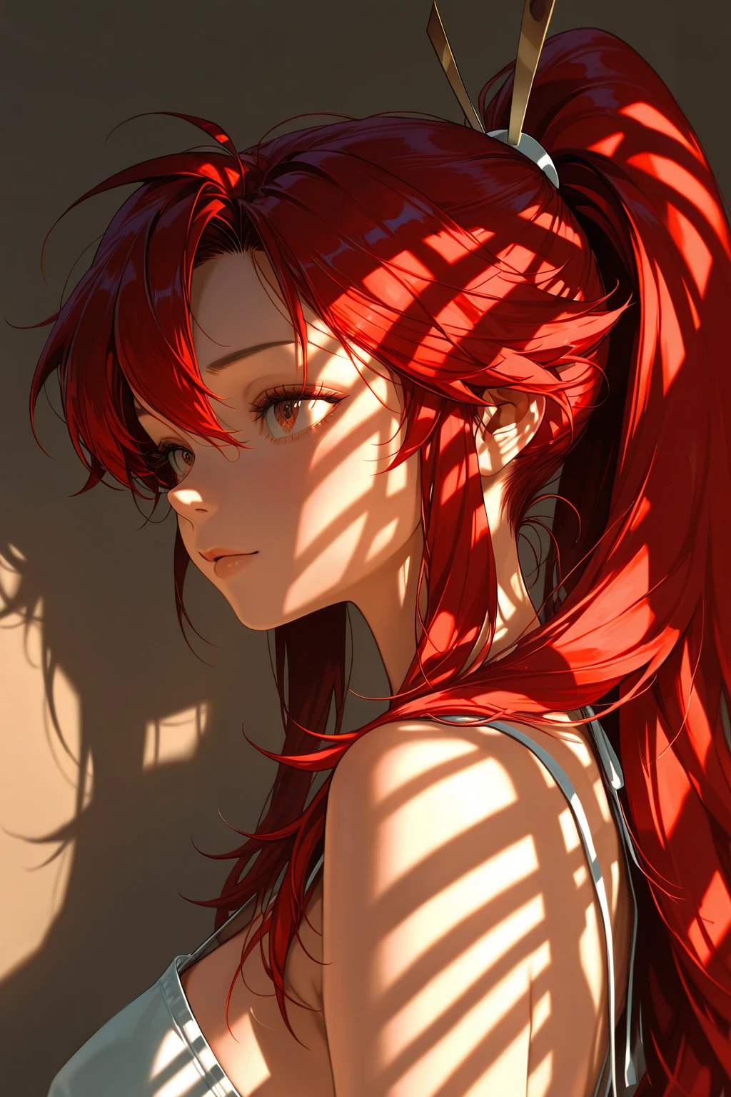 (masterpiece:1.2), (pale skin:1.2), (solo:1.2), (female:1.1), (emphasis lines:1.3), red hair,  back, shoulder blades, ,  shoulders, braids, yellow eyes