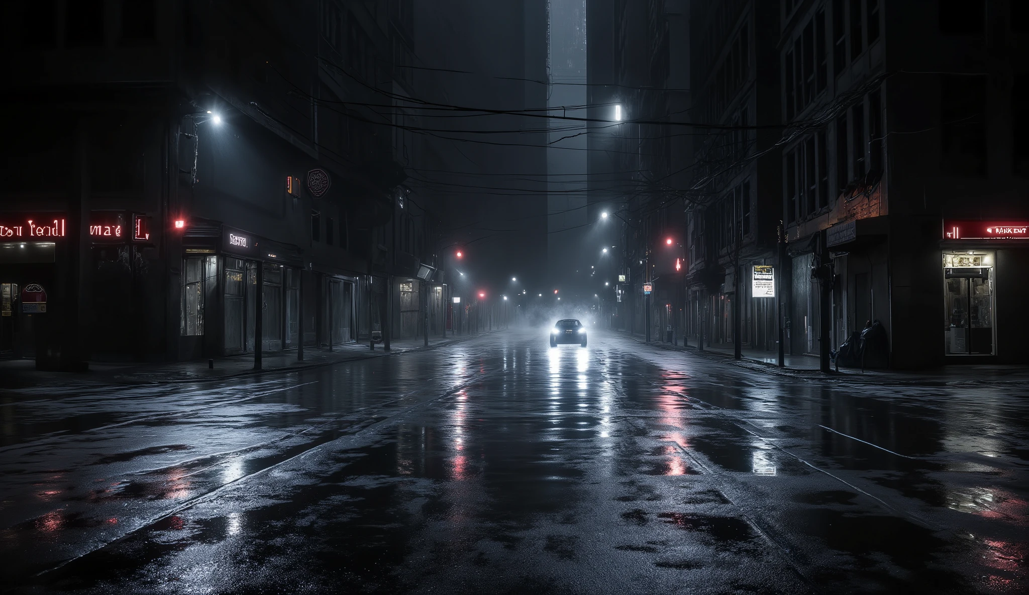 A dark city corner at night, street intersection glistening with rain. Reflections of dim lights on wet ground, distant car headlights cutting through fog, building facades in deep shadow. Realistic lighting and atmosphere, cinematic noir tone, full of tension and mystery, 16:9.