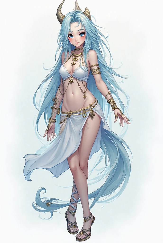 Beautiful girl with cyan hair and black body, six arms，Indian Goddess，Pointed nails，Blue skin with white tattoos，Gold Bikini，Thong，Transparent long skirt，，barefoot，valley