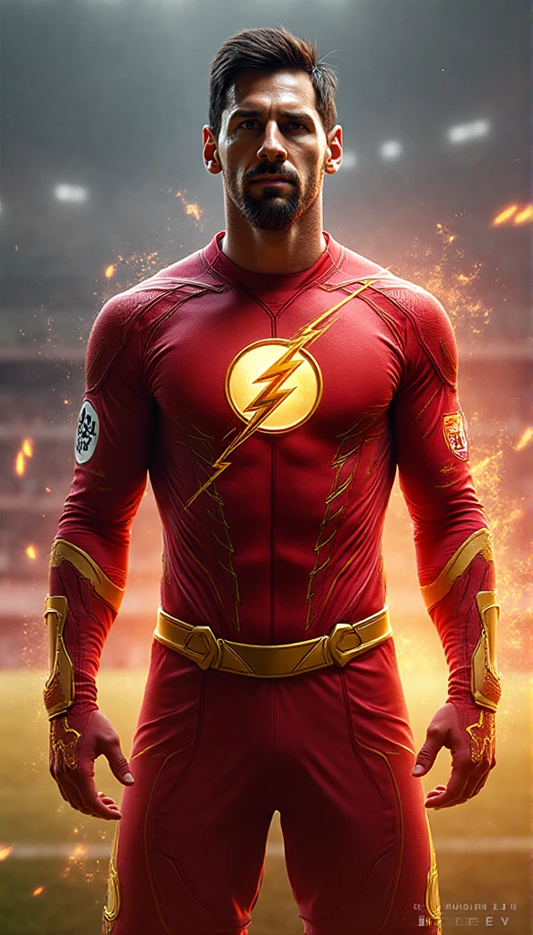 A realistic depiction of a 22-year-old African American Barry Allen, a.k.a. The Flash, running through an apocalyptic world, determined to save the universe from evil villains. Hyper-realistic, focusing on detailed textures and lifelike portrayal. Emphasis on the intensity and urgency of Barry's mission with dramatic lighting and atmospheric effects.A devastated urban landscape, the remnants of a once-great city now in ruins. Skyscrapers are partially collapsed, vehicles are abandoned and overturned, and fires rage unchecked. The sky is a tumultuous mix of dark storm clouds and lightning, casting an eerie glow over the scene.Barry Allen, captured in mid-run. His figure is sharply focused, showing every muscle and expression in vivid detail. His face shows determination and resolve, eyes set straight ahead as he races against time.A young African American man with short, tightly curled hair and an athletic build. He wears a meticulously detailed version of the Flash suit, designed with a realistic texture that suggests advanced materials and wear from previous battles. The suit is primarily red with gold accents, slightly battle-worn, but still functional.Arcs of lightning in shades of red and gold trail behind Barry, illustrating the immense speed and power he commands. The ground beneath him cracks and sparks as he runs,       emphasizing the force of his movement.In the background, vague shapes of menacing villains loom, shrouded in smoke and shadows. Their presence adds a palpable sense of danger and urgency. Other elements of chaos, like flying debris and shattered glass, further enhance the apocalyptic feel.The scene is charged with tension and energy, a world on the brink of collapse but with a glimmer of hope embodied by Barry.The contrast between the dark, ruined environment and the bright, electrifying presence of Barry underscores his role as a beacon of hope.