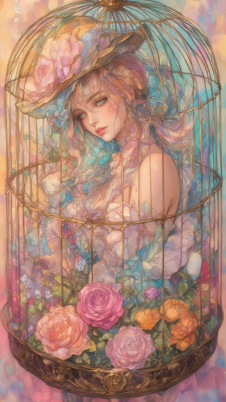 Lolita girl in a birdcage, Wearing ribbons and Lolita dresses, Colorful rose flowers, Rose vines tangled around a birdcage, Fairytale illustration. Baron the cat in a hat and tuxedo. Victorian Style, Pastel Gradient background, "Lollipop Syndrome", mesmerizing artwork, Impressive creativity. (best quality, high resolution, masterpiece:1.2), ArsMJStyle, Stained Glass, Oil Pastels, Ukiyo-e style by Hokusai